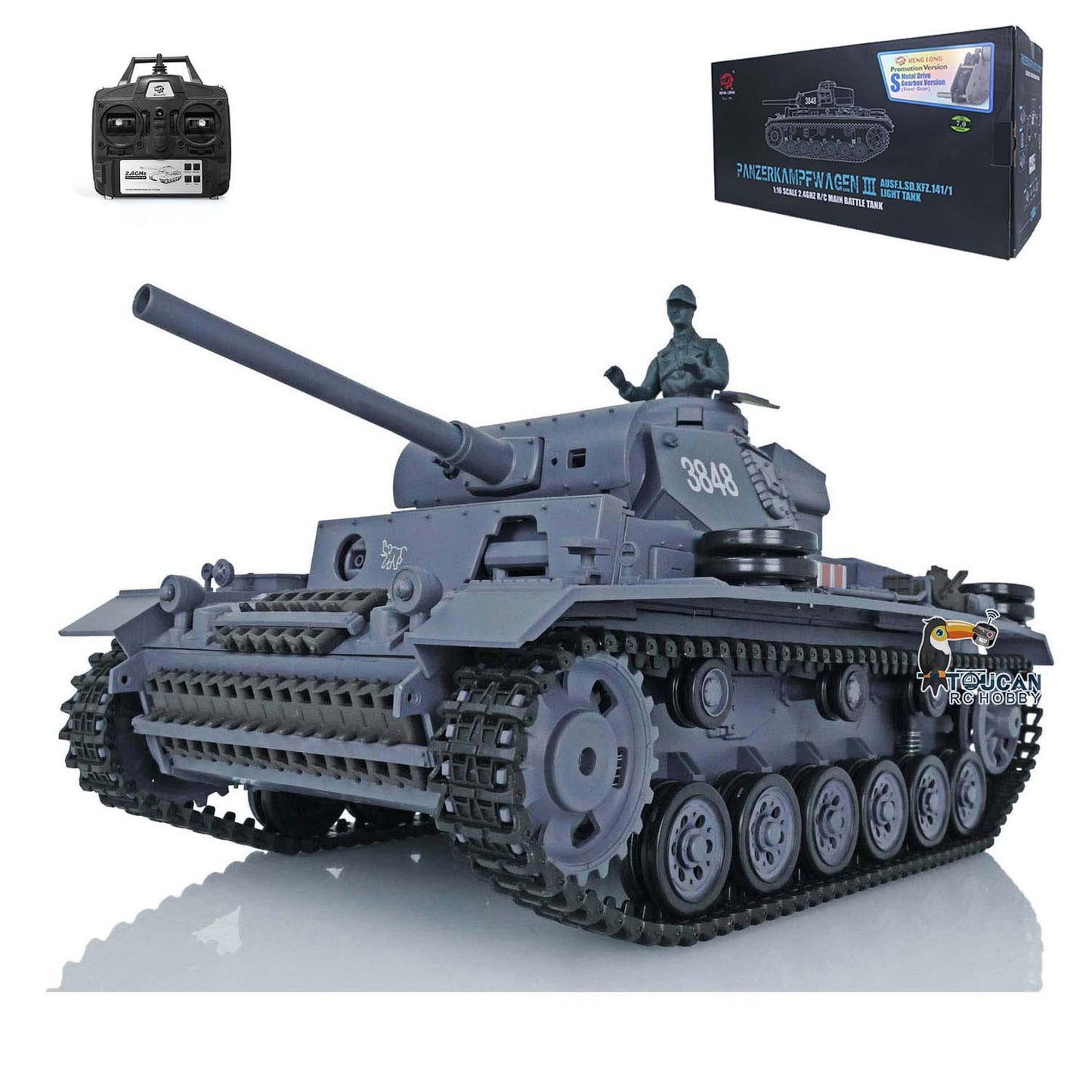 Henglong 1/16 Radio Control Tank Plastic Panzer III L TK7.0 Tank 3848 RC Tank w/ Smoking Gearbox Sound Effect Road Wheels Smoking