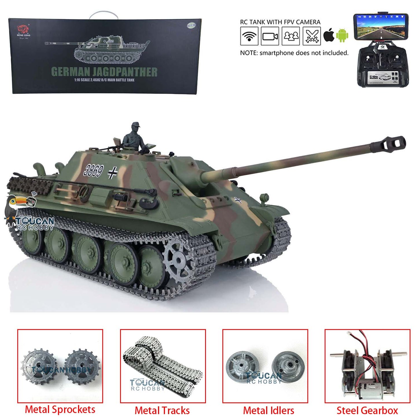 IN STOCK Henglong 1/16 Upgraded 3869 7.0 German Tank Model Jadpanther w/ FPV Camera Metal Tracks Idler Sprocket Wheels BB Shooting Engine Sound