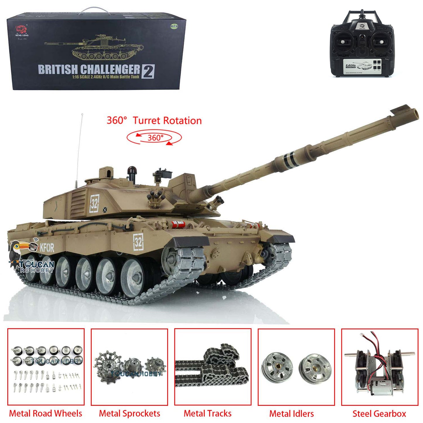 Henglong 1/16 Scale 7.0 British Challenger II RC Tank 3908 RTR 360 Degrees Turret Motor Gearbox Metal Tracks W/ Rubber Pads Wheels