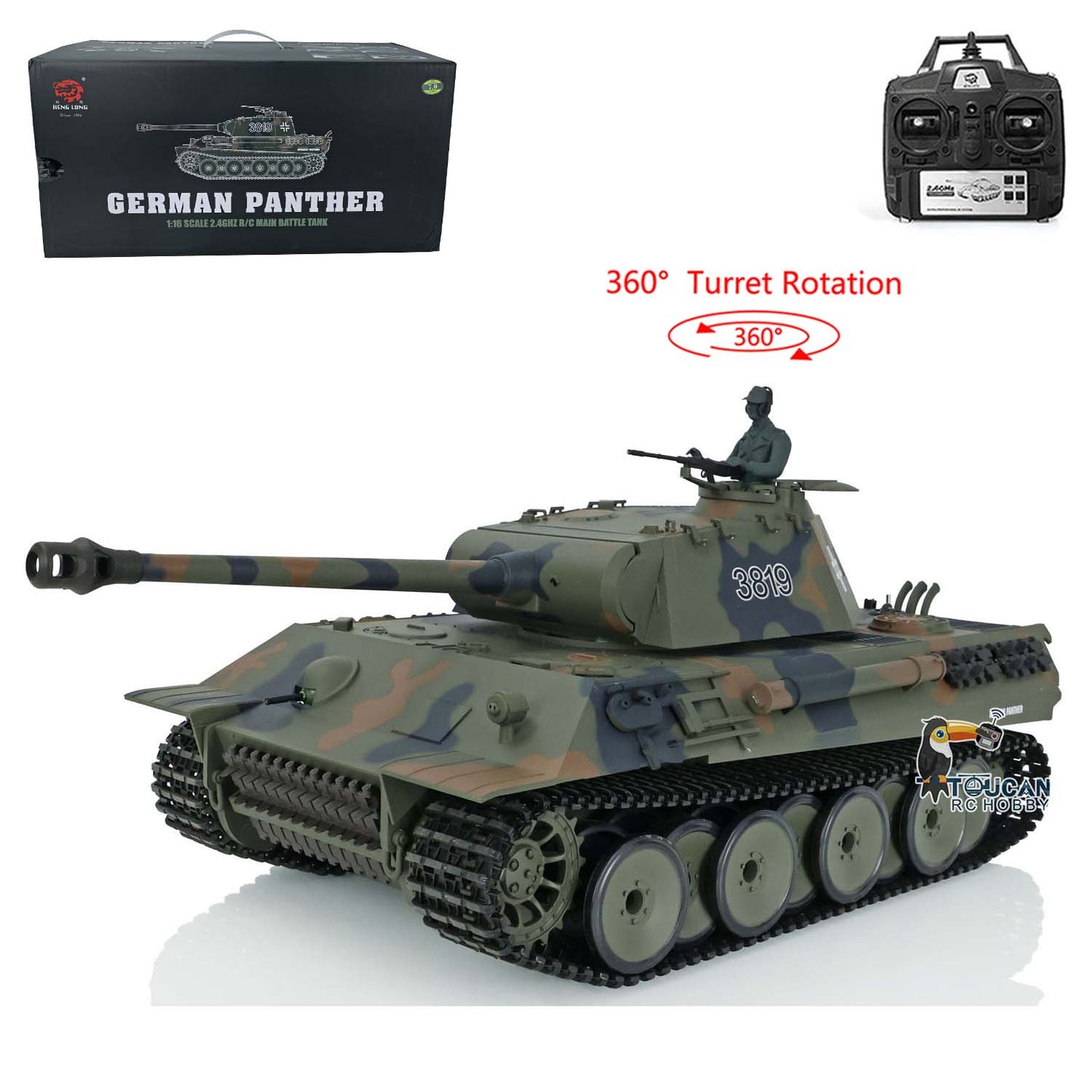 2.4Ghz Henglong 1/16 TK7.0 Plastic German Panther RTR RC Tank 3819 w/ 360 Degrees Rotating Turret Sound Effect Outdoor Tank for Boys