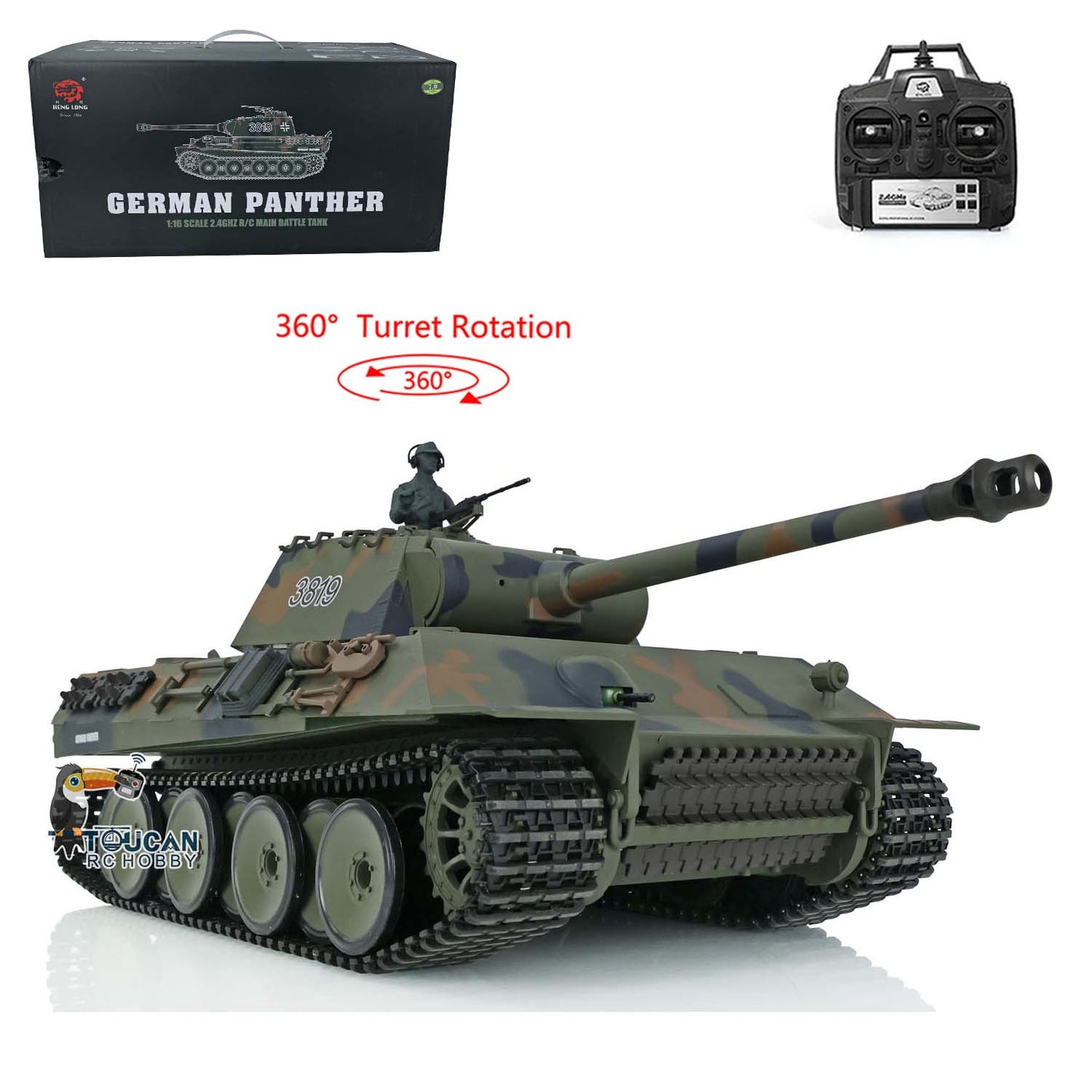 2.4Ghz Henglong 1/16 TK7.0 Plastic German Panther RTR RC Tank 3819 w/ 360 Degrees Rotating Turret Sound Effect Outdoor Tank for Boys