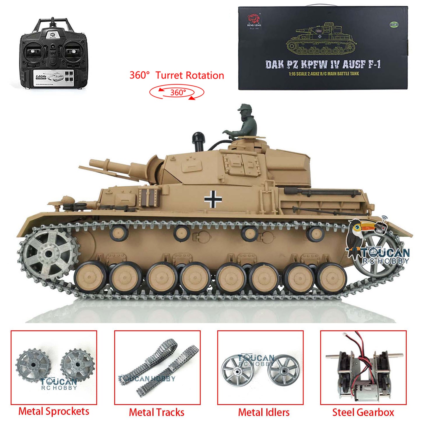 Henglong 1/16 TK7.0 RC Tank 3858 Panzer IV F Radio Control Upgraded Tank W/ 360 Degrees Rotating Turret Metal Tracks Idler Sprocket