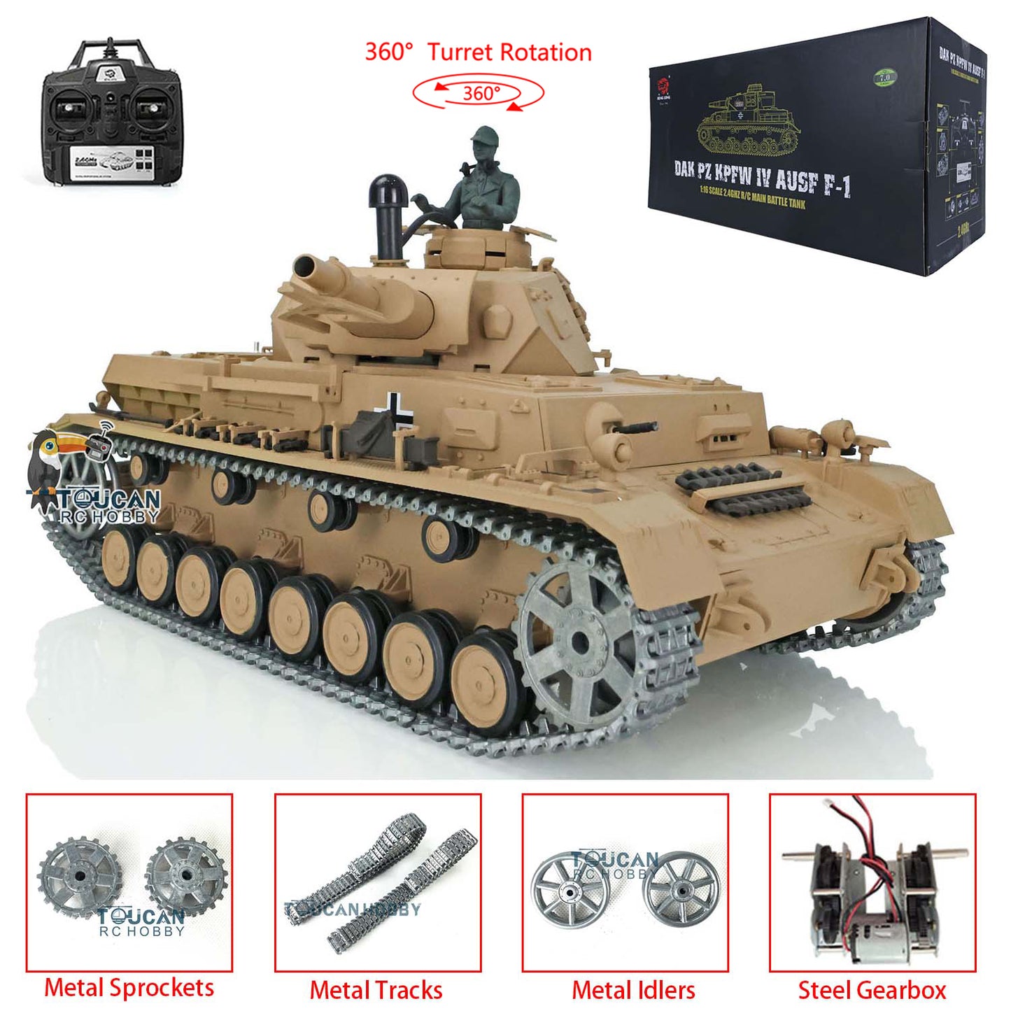 Henglong 1/16 TK7.0 RC Tank 3858 Panzer IV F Radio Control Upgraded Tank W/ 360 Degrees Rotating Turret Metal Tracks Idler Sprocket