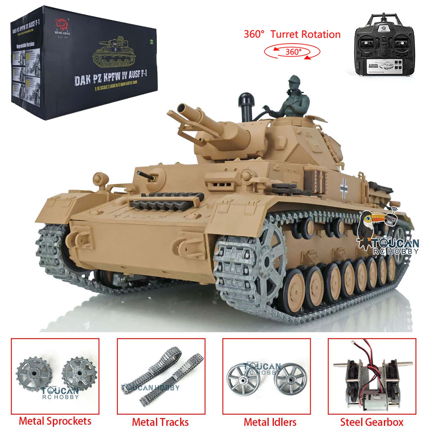 Henglong 1/16 TK7.0 RC Tank 3858 Panzer IV F Radio Control Upgraded Tank W/ 360 Degrees Rotating Turret Metal Tracks Idler Sprocket