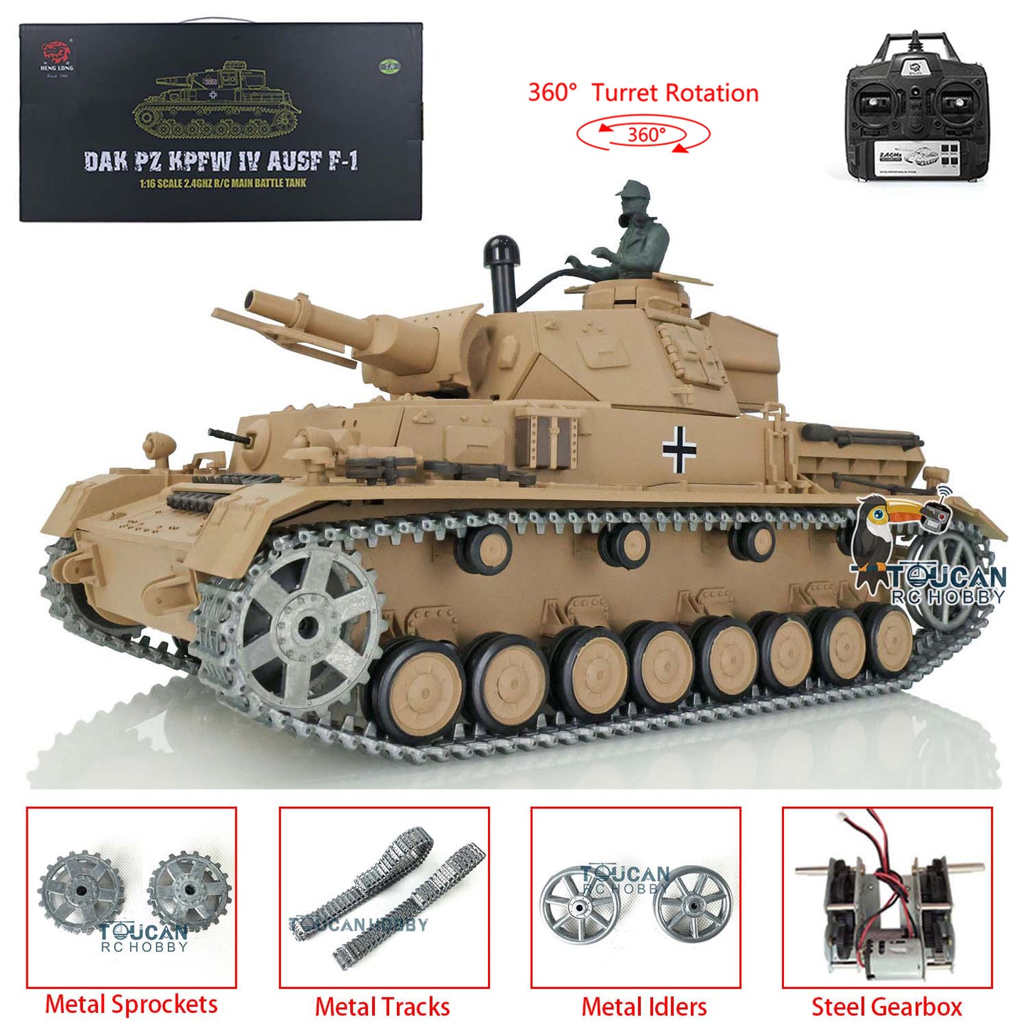 Henglong 1/16 TK7.0 RC Tank 3858 Panzer IV F Radio Control Upgraded Tank W/ 360 Degrees Rotating Turret Metal Tracks Idler Sprocket