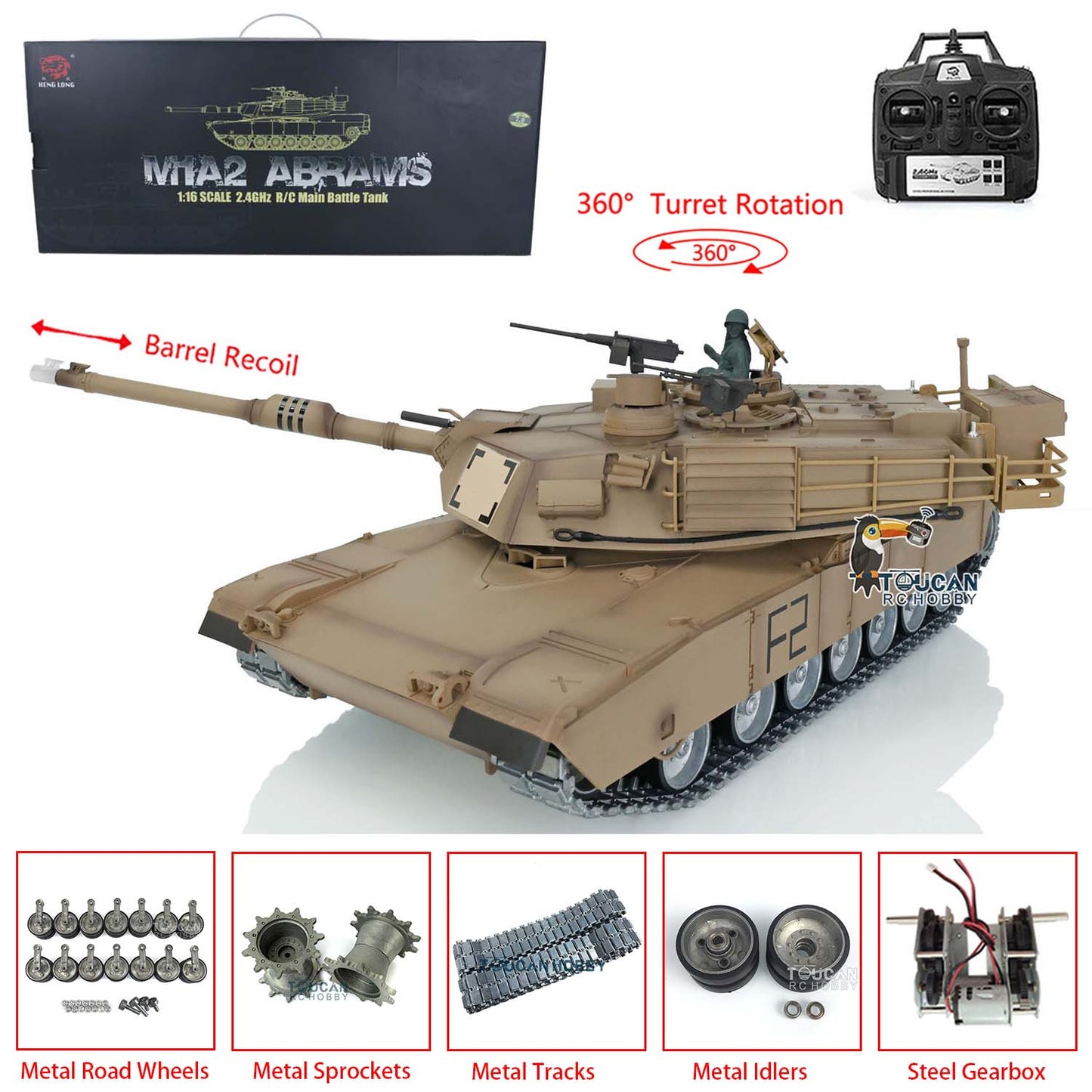 US Stock Second-Hand Used Henglong 1/16 360 Turret Barrel Recoil 7.0 Customize Abrams RC Tank Remote Control Armored Model 3918