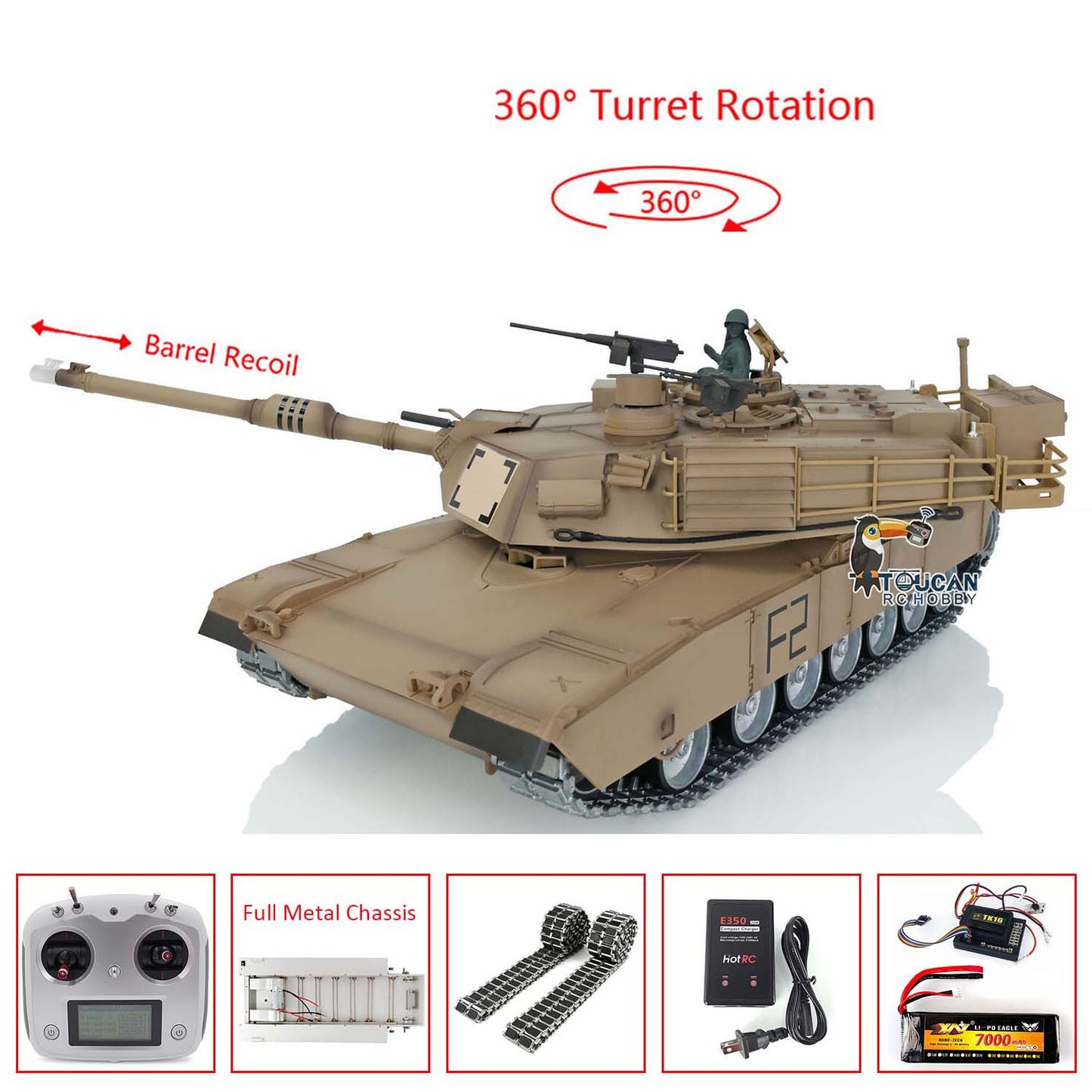 Heng Long 1/16 RTR RC Tank Model 3918 M1A2 Abrams Full Metal Painted Chassis TK16 IR Version Smoke Upper Hull FS I6S 360 Turret