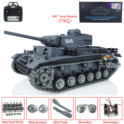 Henglong 1/16 7.0 Customized Panzer III L RTR RC Tank Model 3848 w/ 360 Degrees Rotating Turret Metal Tracks Idler Sprocket Road Wheels