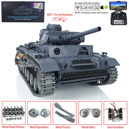 Henglong 1/16 RTR RC Tank 3848 TK7.0 Customized Panzer III L 360 Degrees Rotating Turret FPV Metal Tracks Road Wheels Smoking Gearbox