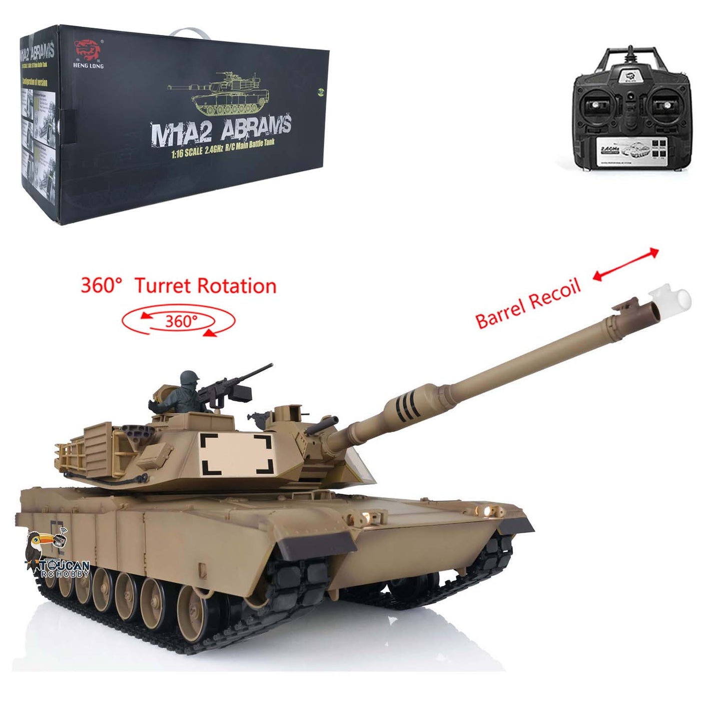 Henglong 1:16 7.0 USA M1A2 Abrams RC Battle Tank 3918 RTR Model 360 Degrees Turret Barrel Recoil Plastic Upper Hull Tracks Wheels