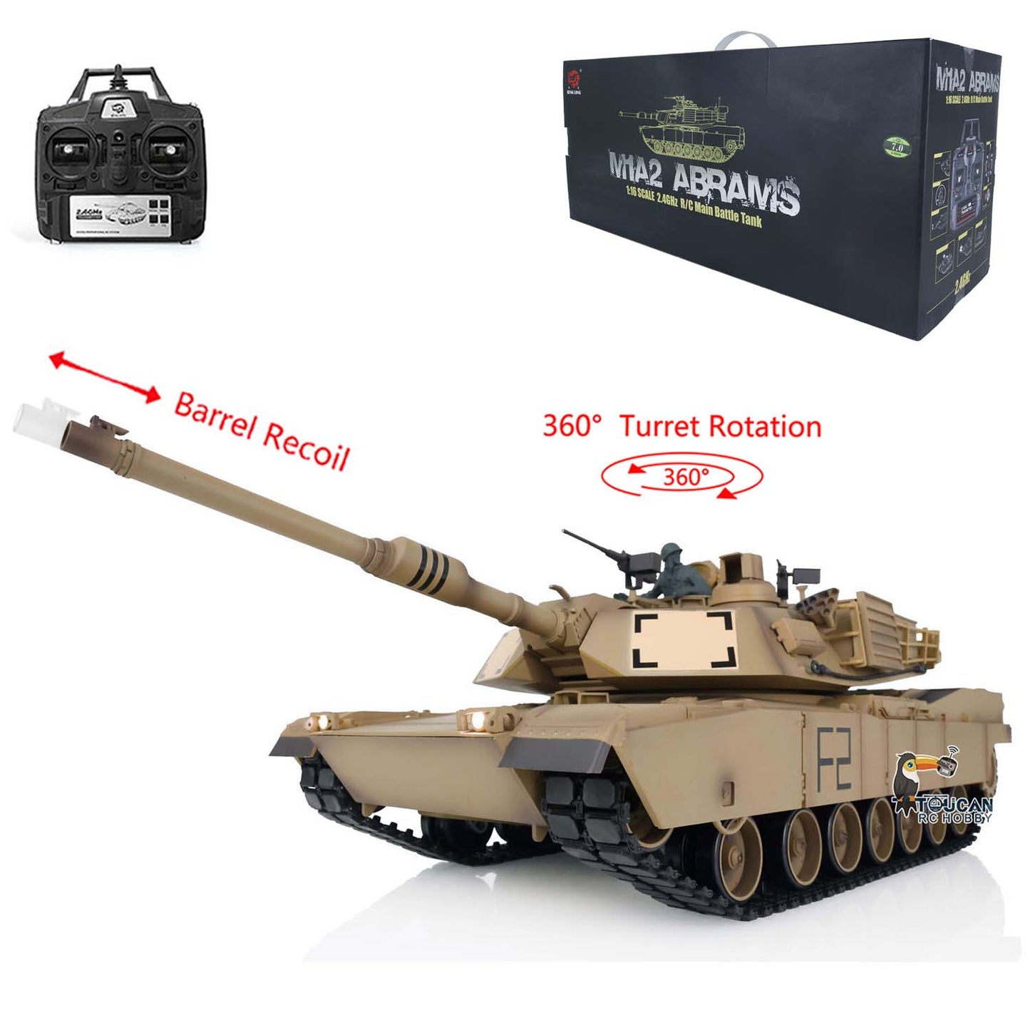 Henglong 1:16 7.0 USA M1A2 Abrams RC Battle Tank 3918 RTR Model 360 Degrees Turret Barrel Recoil Plastic Upper Hull Tracks Wheels