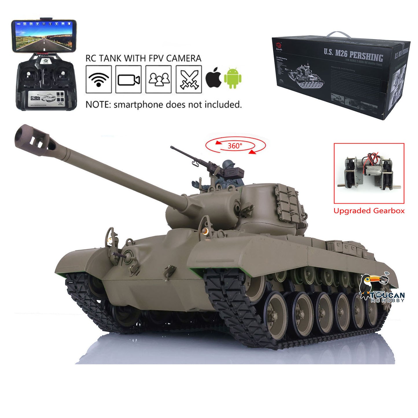 Henglong 1/16 Plastic RC Tank Model 7.0 USA M26 Pershing 3838 w/ 360 Degrees Rotating Turret Steel Gearbox Barrel Recoil FPV w/ Holder