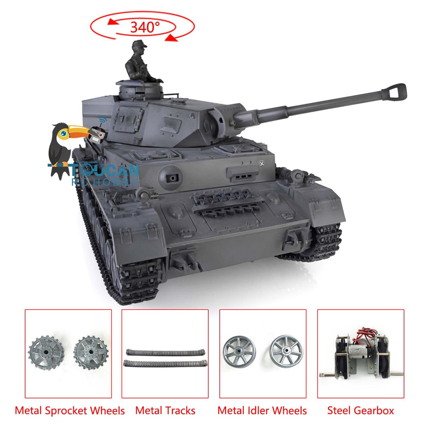 Henglong 1/16 TK7.0 Upgraded German Panzer IV F2 RTR RC Tank 3859 w/ Metal Tracks Idler Sprocket Wheels Smoking Gearbox Sound Effect