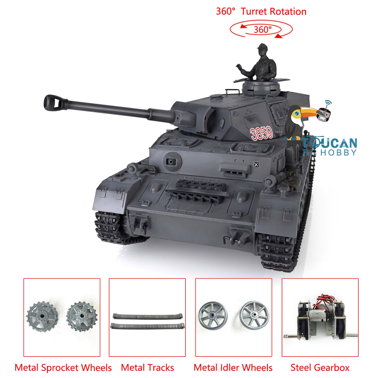 Henglong 1/16 RC Tank 3859 TK7.0 German Panzer IV F2 Radio Control Tank w/ 360 Degrees Rotating Turret Metal Idler Sprocket Wheels