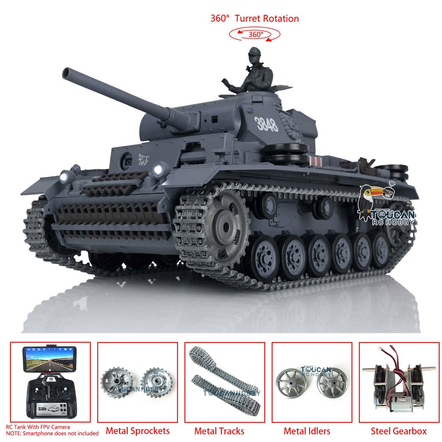 Henglong 1/16 RC Tank Upgraded German Tank 3848 TK7.0 Panzer III L Radio Control Tank w/ 360 Degrees Rotating Turret FPV 2 Sounds