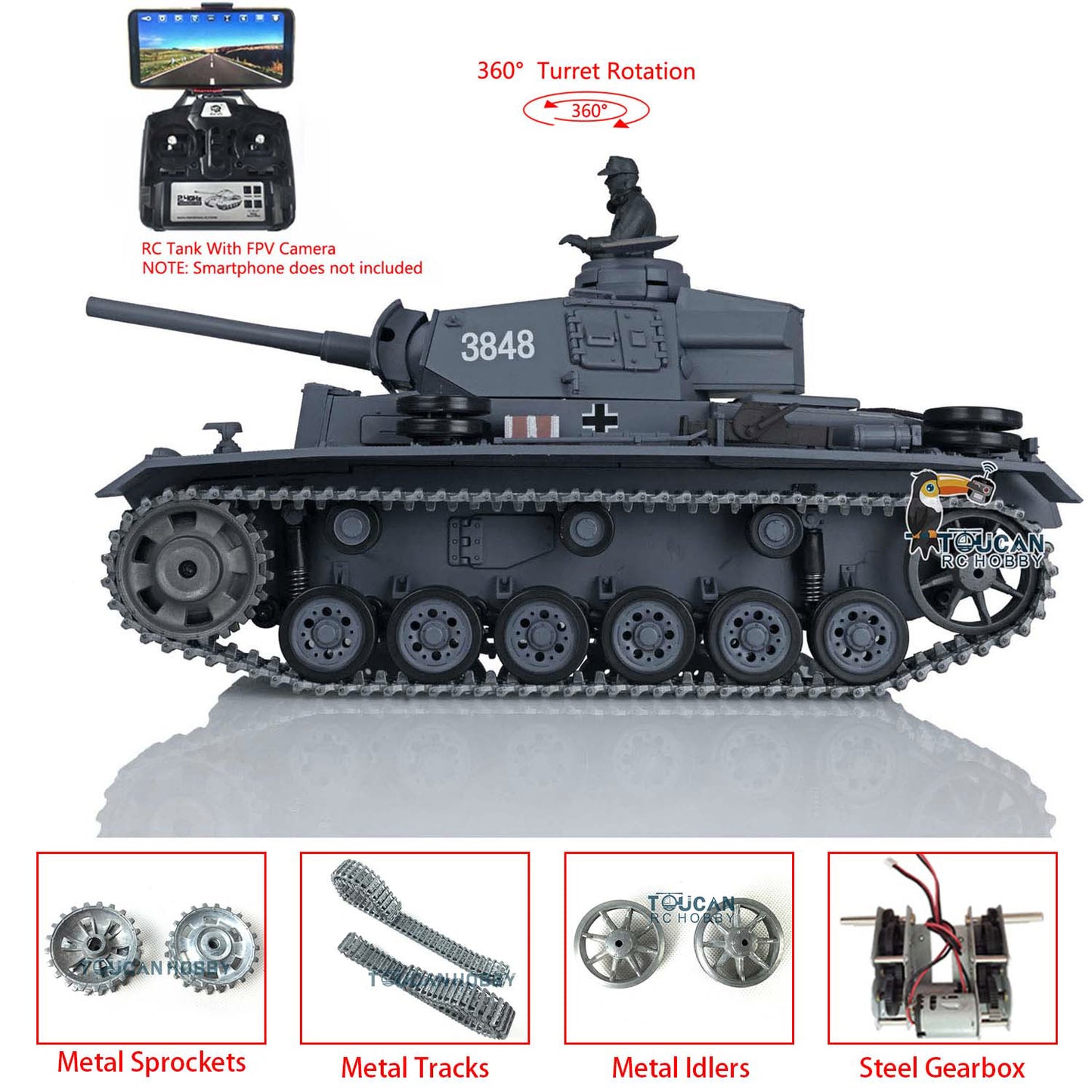 Henglong 1/16 RC Tank Upgraded German Tank 3848 TK7.0 Panzer III L Radio Control Tank w/ 360 Degrees Rotating Turret FPV 2 Sounds