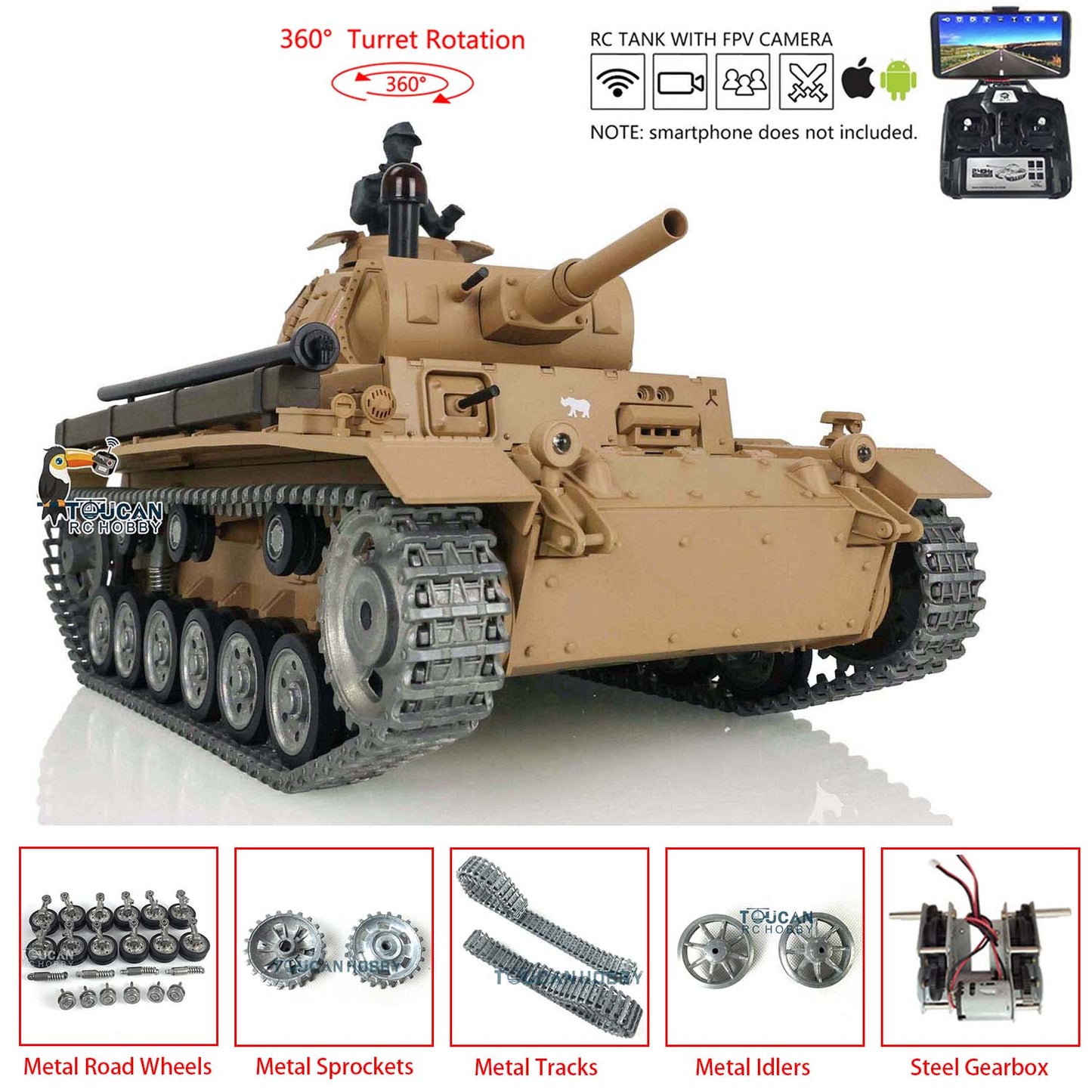 Henglong 1/16 7.0 Main Board Customized Version German Panzer III H RTR RC Tank 3849 With Fist Person View System Metal Tracks Wheels