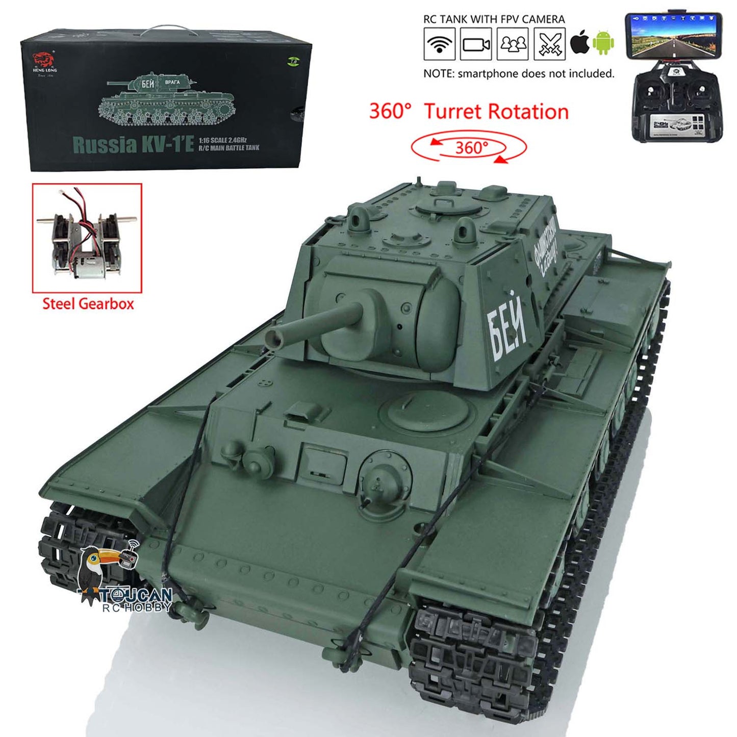 Henglong RC Tank Model 1/16 TK7.0 Plastic 3878 Soviet Union KV-1 w/ FPV 360 Degrees Rotating Turret BB Shooting Sound Effect 2.4Ghz