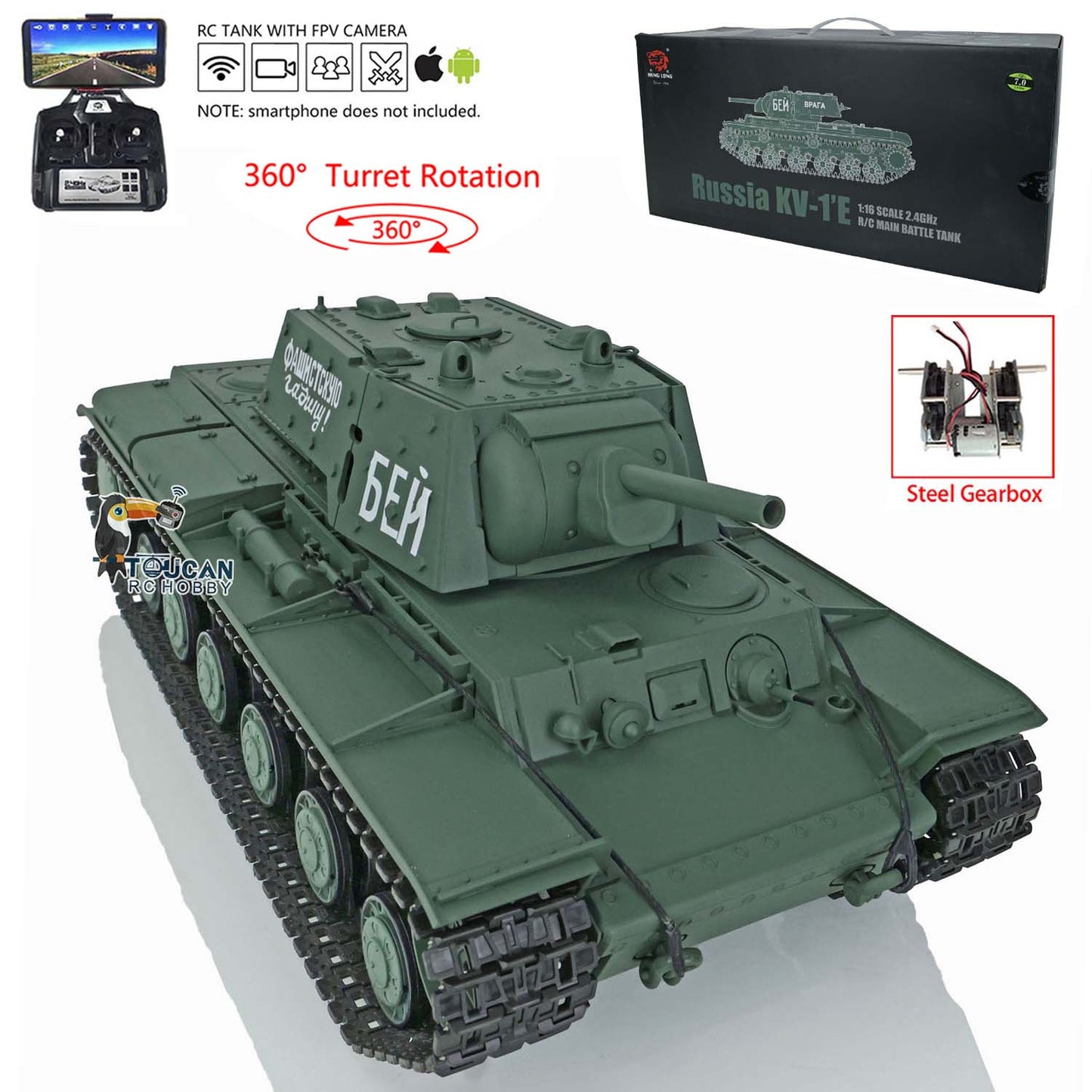 Henglong RC Tank Model 1/16 TK7.0 Plastic 3878 Soviet Union KV-1 w/ FPV 360 Degrees Rotating Turret BB Shooting Sound Effect 2.4Ghz