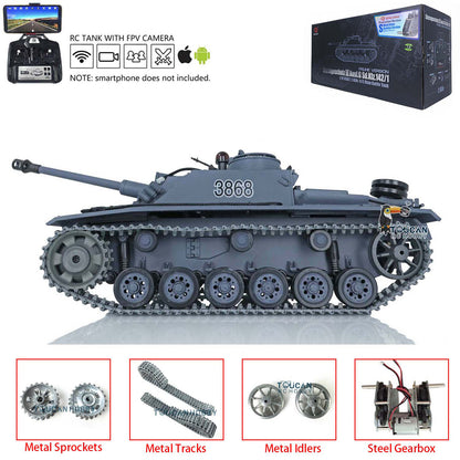 Henglong 1/16 Upgraded 3868 RC Tank Model 7.0 German Stug III w/ FPV Camera Phone Holder Metal Tracks Idler Sprocket Wheels Smoking