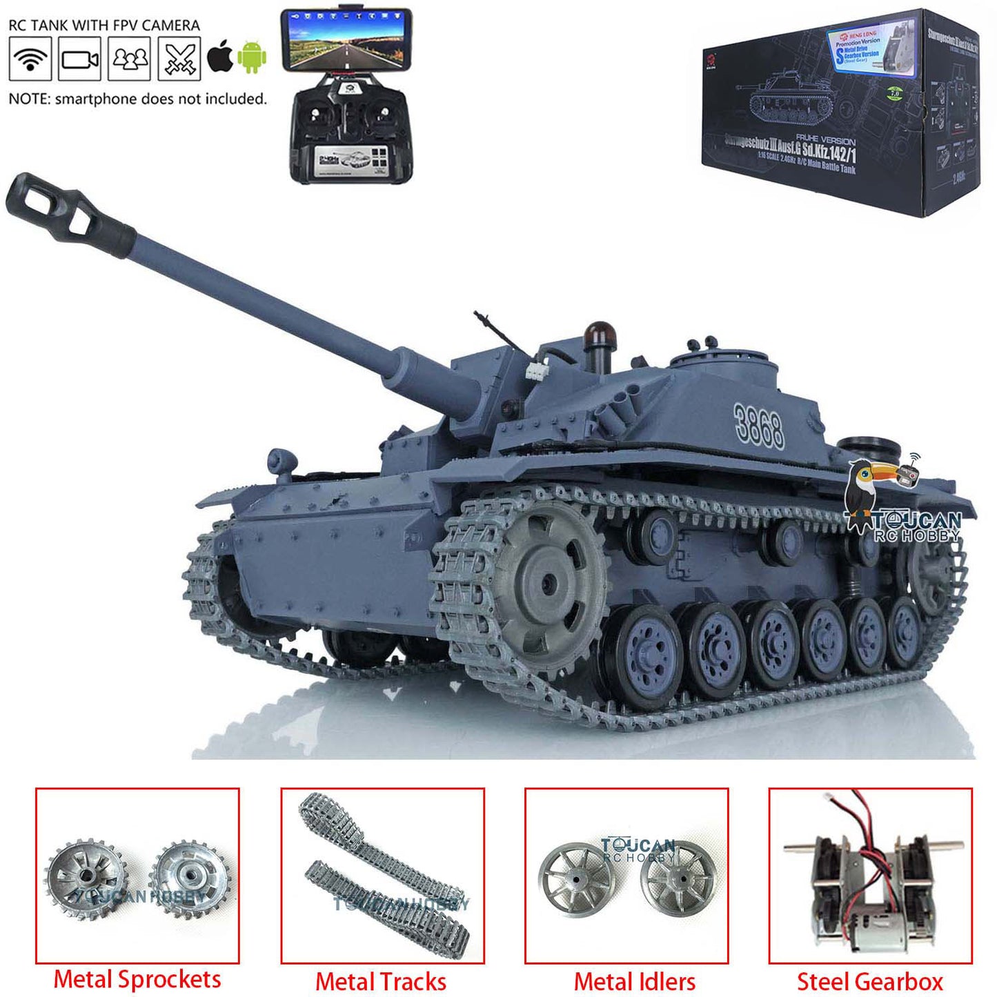 Henglong 1/16 Upgraded 3868 RC Tank Model 7.0 German Stug III w/ FPV Camera Phone Holder Metal Tracks Idler Sprocket Wheels Smoking