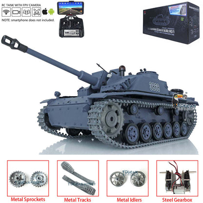 Henglong 1/16 Upgraded 3868 RC Tank Model 7.0 German Stug III w/ FPV Camera Phone Holder Metal Tracks Idler Sprocket Wheels Smoking