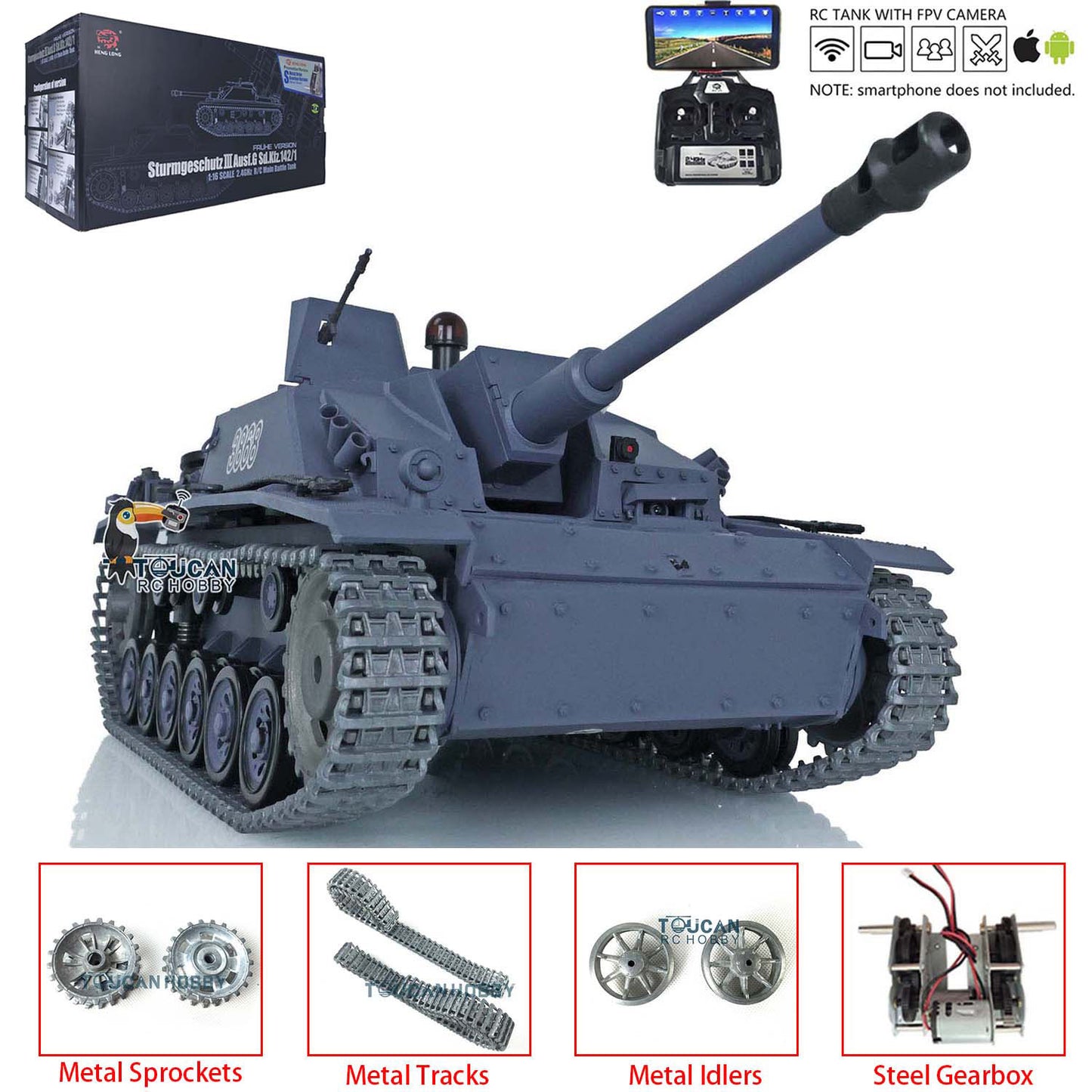 Henglong 1/16 Upgraded 3868 RC Tank Model 7.0 German Stug III w/ FPV Camera Phone Holder Metal Tracks Idler Sprocket Wheels Smoking