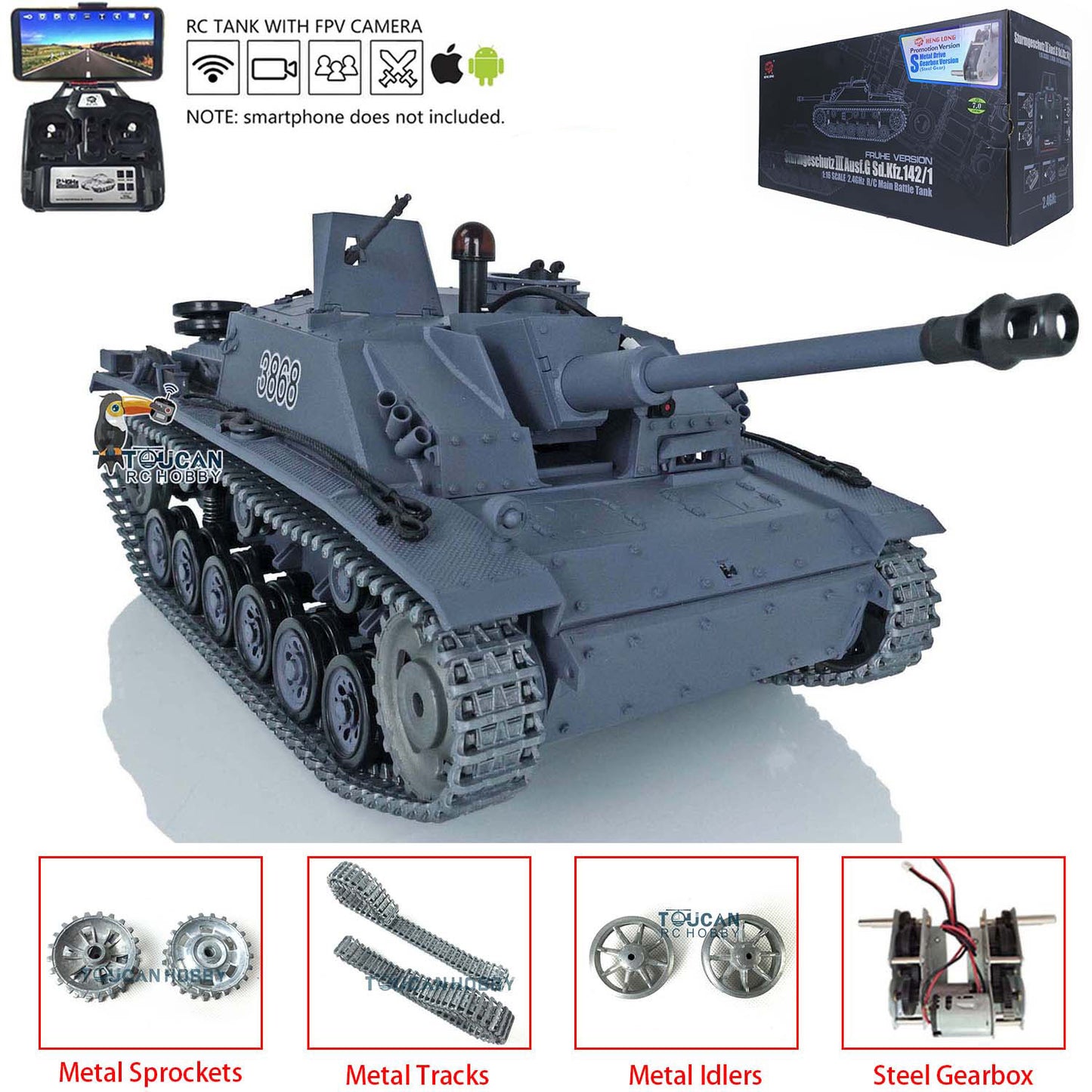 Henglong 1/16 Upgraded 3868 RC Tank Model 7.0 German Stug III w/ FPV Camera Phone Holder Metal Tracks Idler Sprocket Wheels Smoking