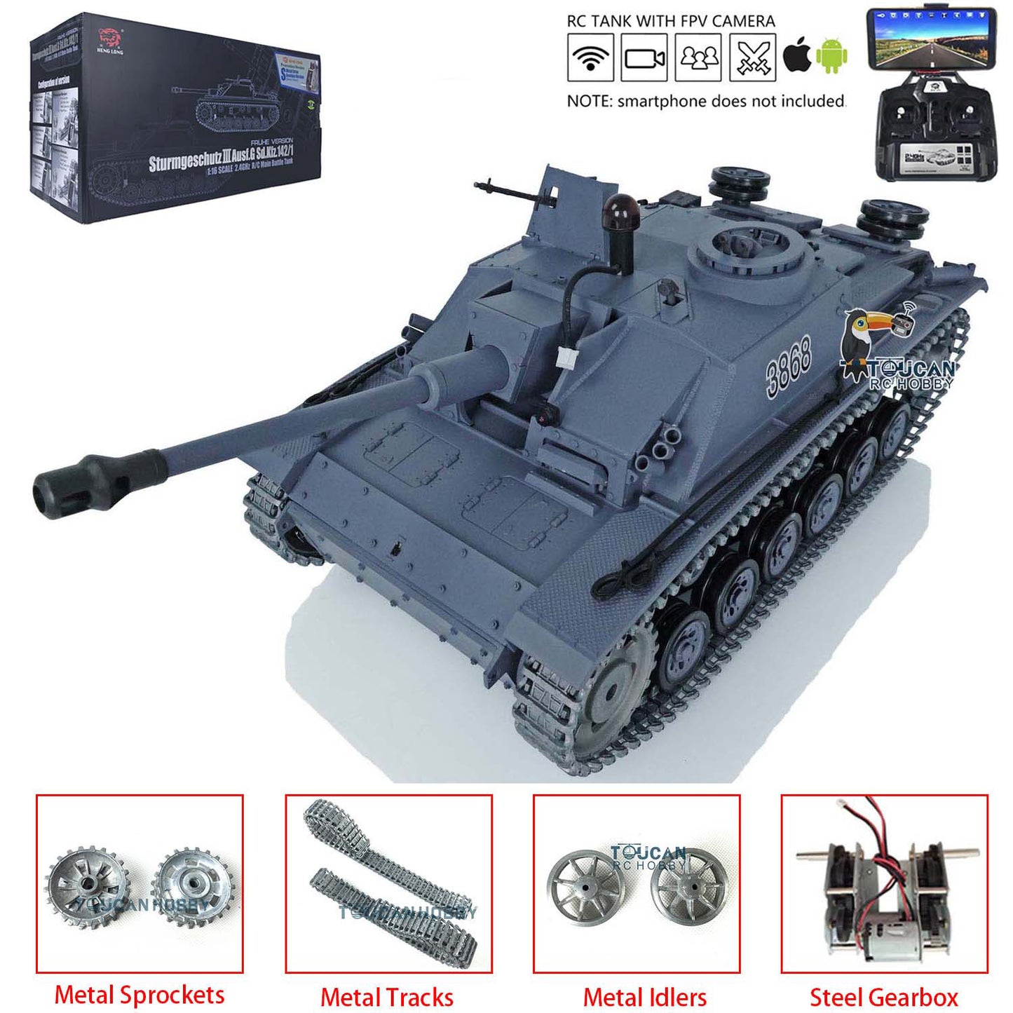 Henglong 1/16 Upgraded 3868 RC Tank Model 7.0 German Stug III w/ FPV Camera Phone Holder Metal Tracks Idler Sprocket Wheels Smoking