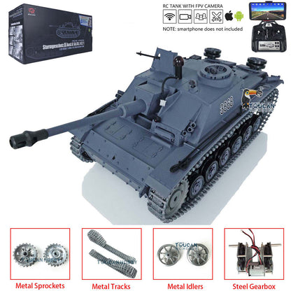 Henglong 1/16 Upgraded 3868 RC Tank Model 7.0 German Stug III w/ FPV Camera Phone Holder Metal Tracks Idler Sprocket Wheels Smoking