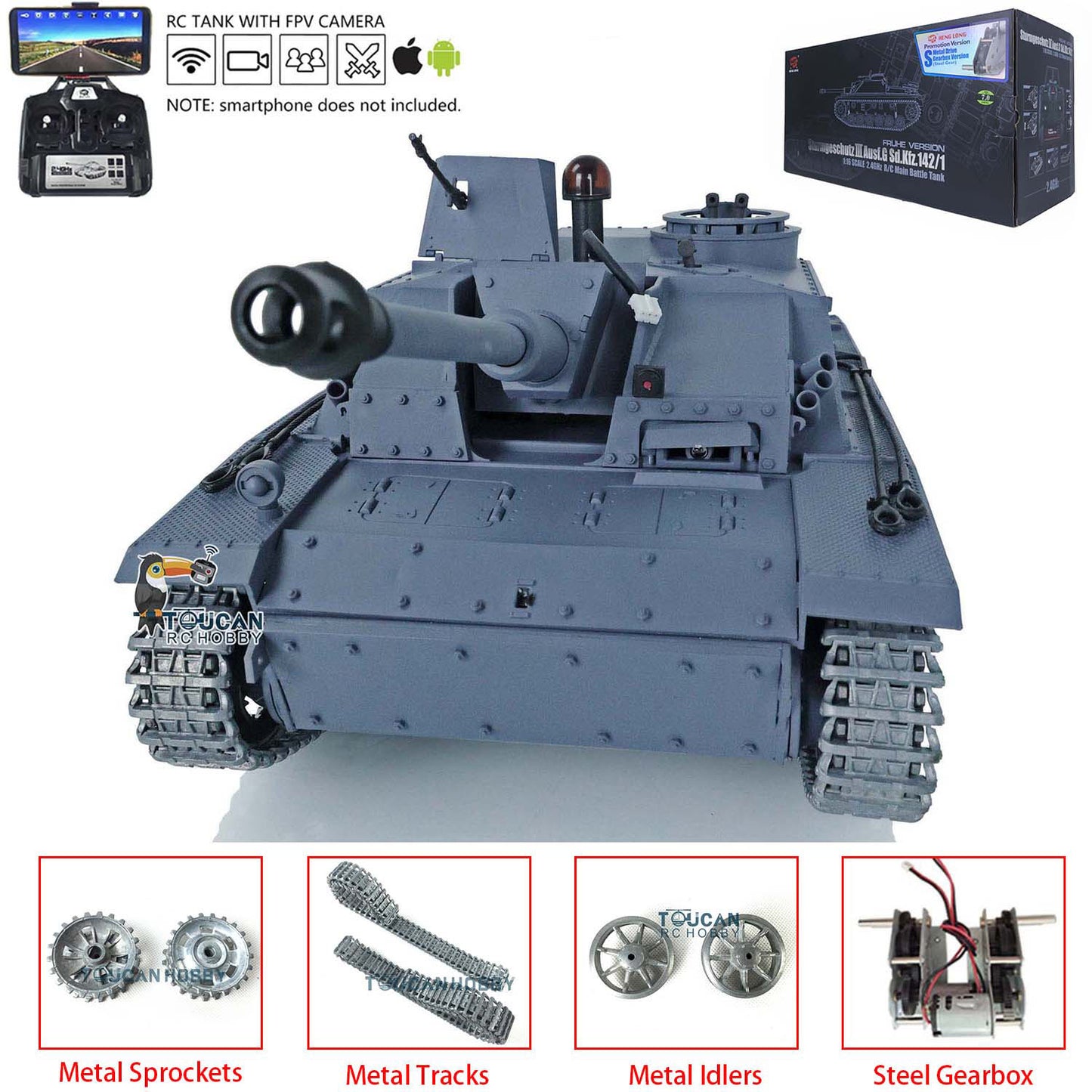 Henglong 1/16 Upgraded 3868 RC Tank Model 7.0 German Stug III w/ FPV Camera Phone Holder Metal Tracks Idler Sprocket Wheels Smoking