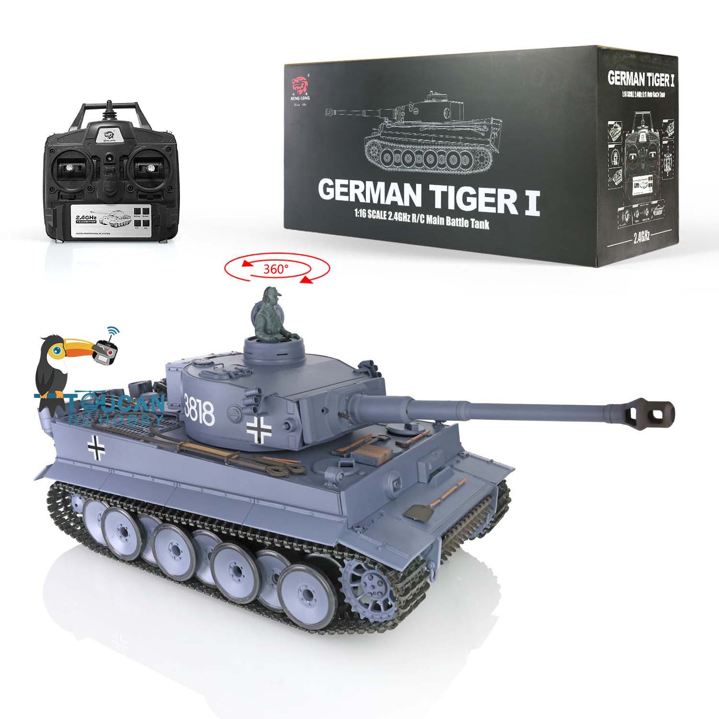 2.4Ghz Henglong 1/16 7.0 Plastic German Tiger I RTR RC Tank Model 3818 W/ 360 Rotating Turret Smoking Gearbox w/o Barrel Recoil Degrees