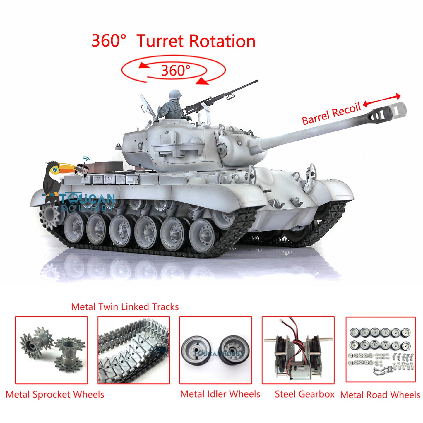 Henglong 1/16 TK7.0 M26 Pershing RC Tank Model 3838 w/ 360 Degrees Rotating Turret Metal Road Wheels Tracks w/ Double Rubber Pad