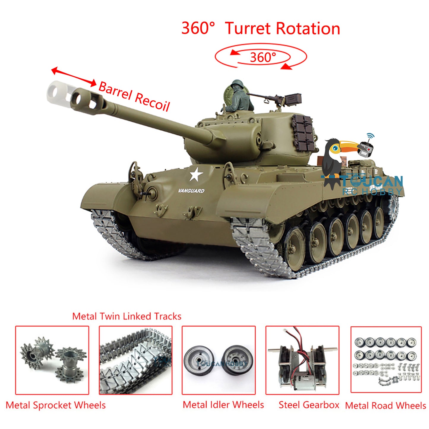 Henglong 1/16 TK7.0 M26 Pershing RC Tank Model 3838 w/ 360 Degrees Rotating Turret Metal Road Wheels Tracks w/ Double Rubber Pad