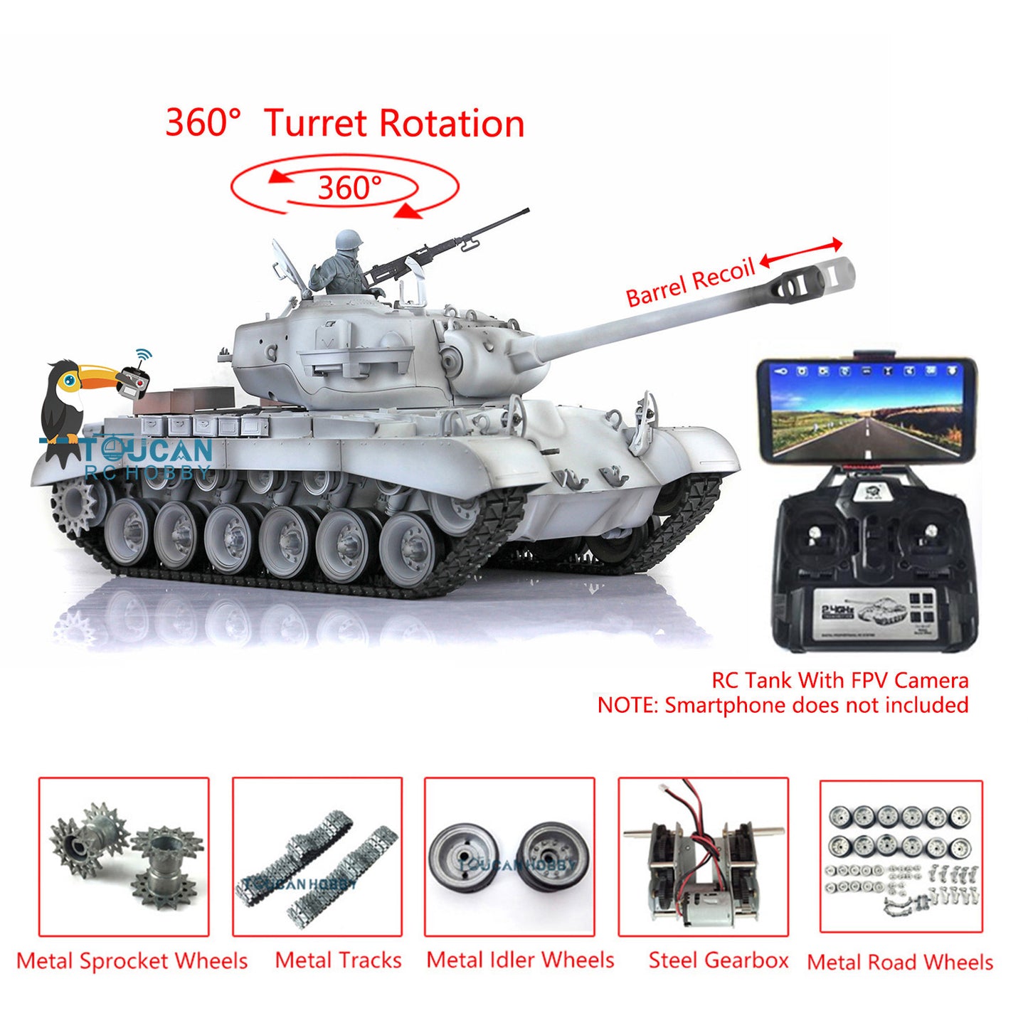 Henglong 1/16 Radio Control Tank Model 3838 M26 Pershing w/ FPV 360 Degrees Rotating Turret Metal Road Wheels Drive Gearbox