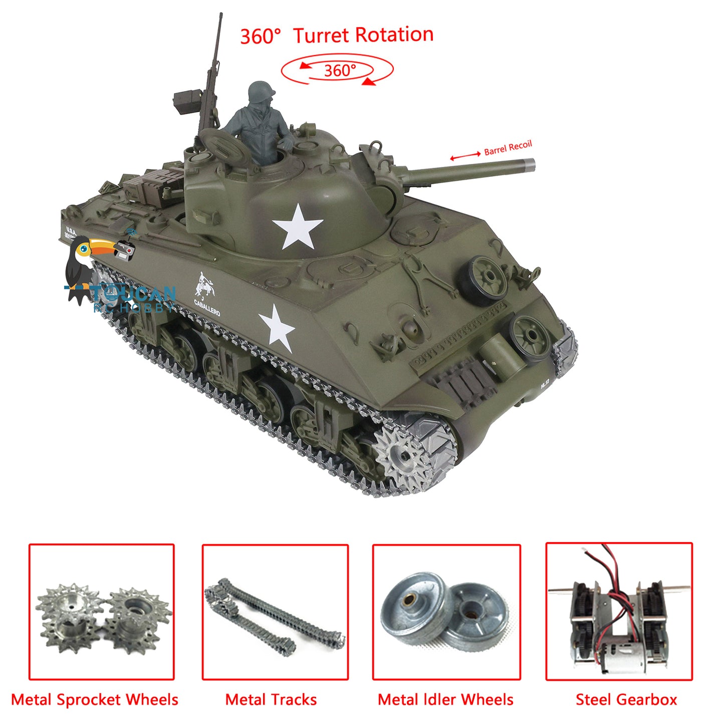 Henglong 1/16 TK7.0 Upgraded M4A3 Sherman Radio Control Tank Model 3898 360 Degrees Rotating Turret BB Shooting Sound Effect