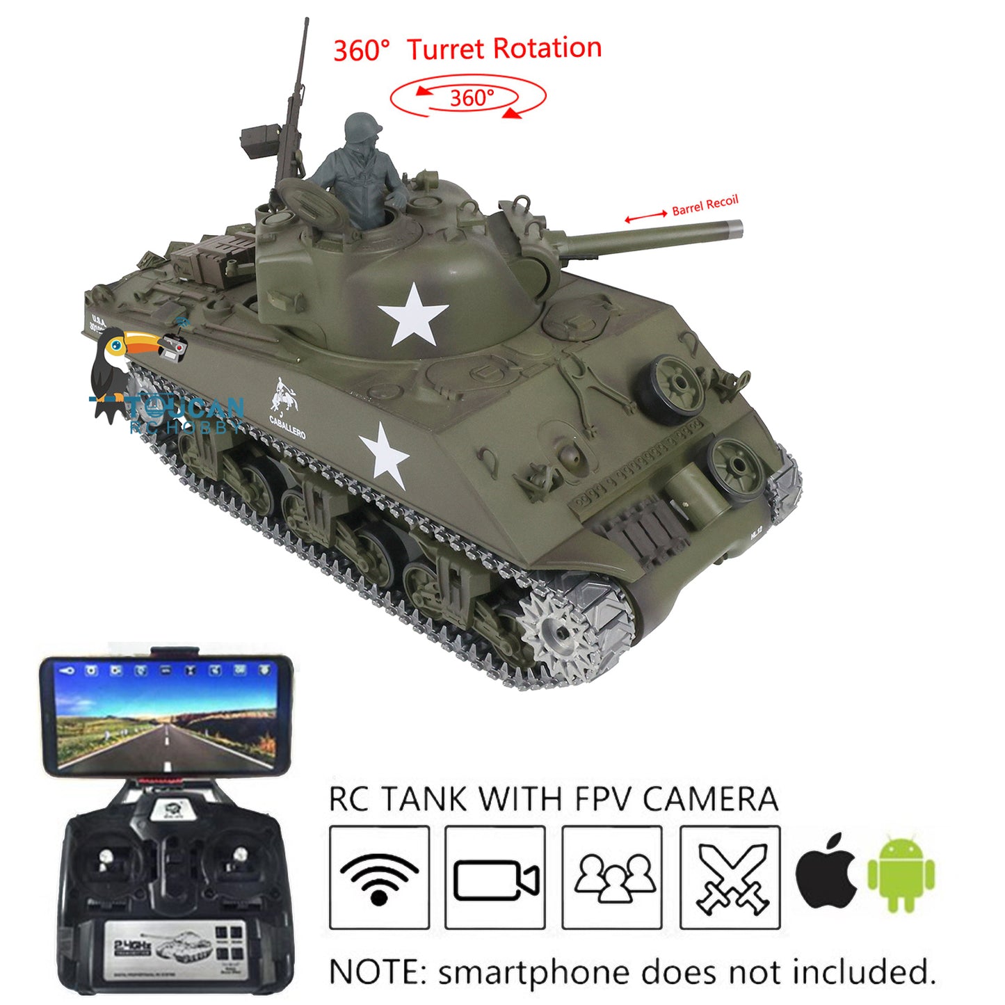 Henglong 1/16 FPV TK7.0 M4A3 Sherman RTR RC Tank Model 3898 w/ 360 Degrees Rotating Turret FPV Camera Metal Tracks Engine Sound