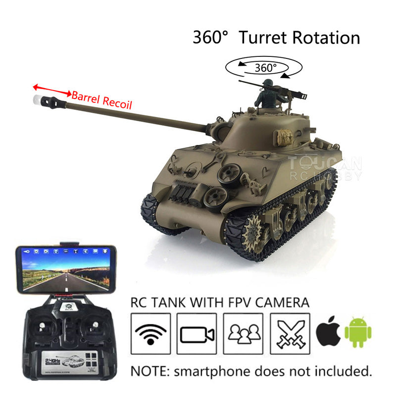 Henglong 1/16 FPV TK7.0 M4A3 Sherman RTR RC Tank Model 3898 w/ 360 Degrees Rotating Turret FPV Camera Metal Tracks Engine Sound