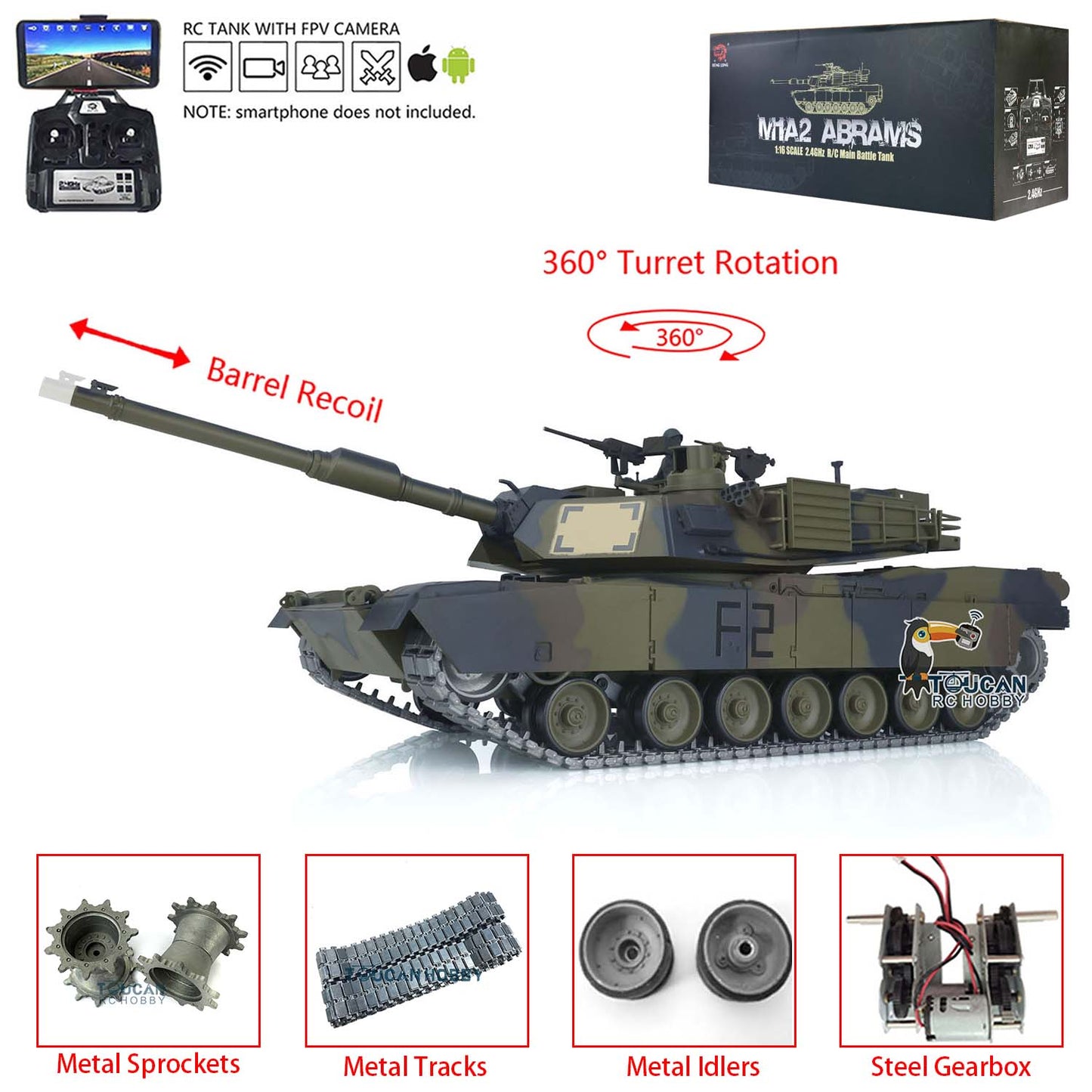 Henglong 1:16 Scale 7.0 Upgrade Edition M1A2 Abrams RTR RC Tank 3918 360 Degrees Turret Barrel Recoil Metal Tracks Idlers FPV