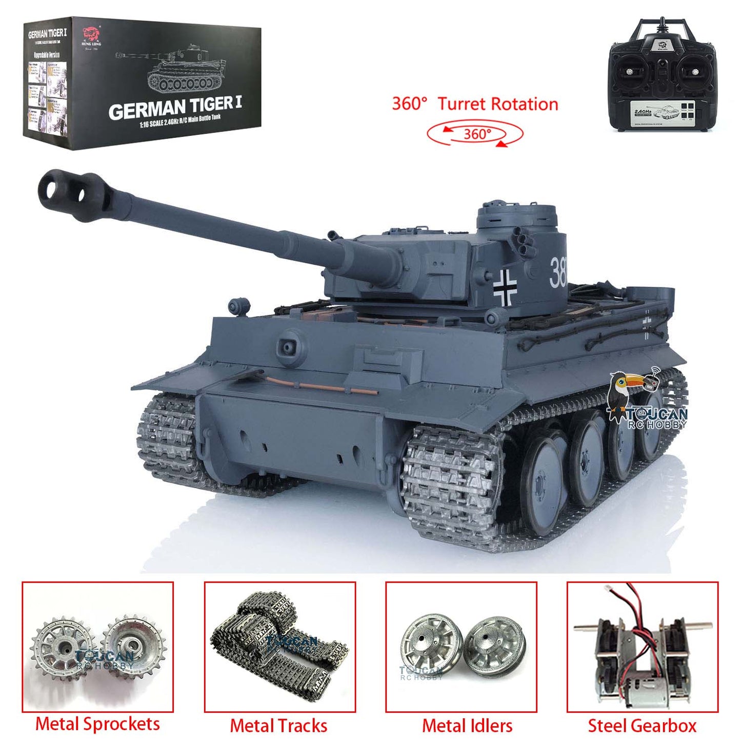 Henglong 1/16 Upgraded German Tank 3818 Radio Control Tiger I RC Tank TK7.0 W/ 360 Degrees Rotating Turret Metal Idler Sprocket