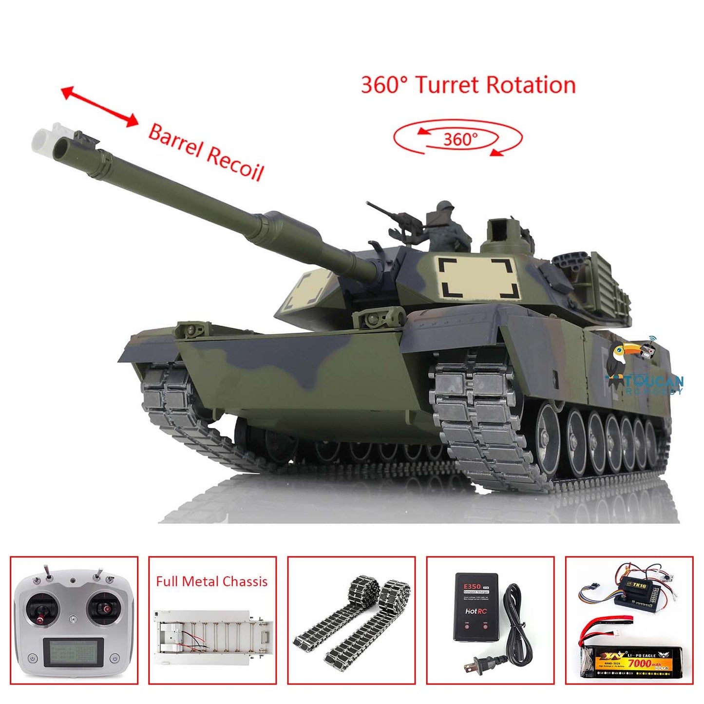 Heng Long 1/16 RTR RC Tank Model 3918 M1A2 Abrams Full Metal Painted Chassis TK16 IR Version Smoke Upper Hull FS I6S 360 Turret