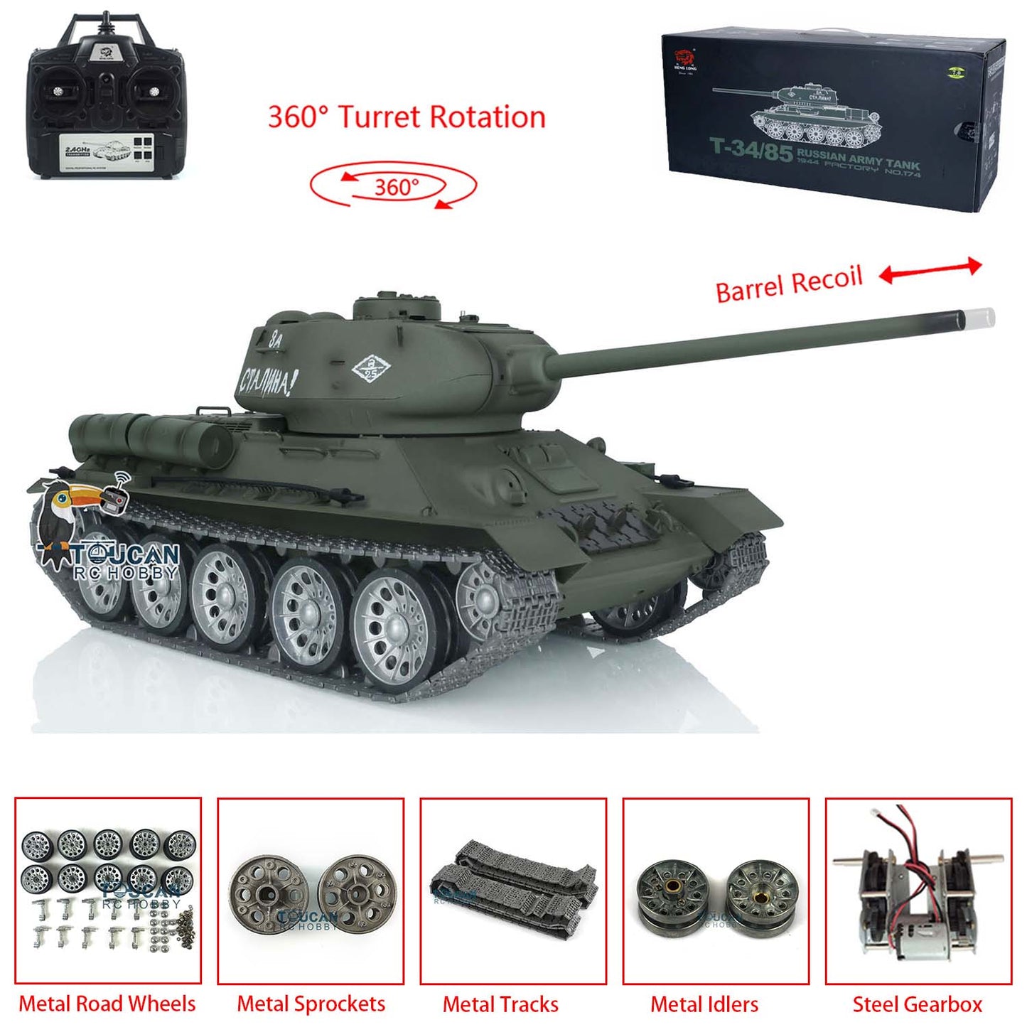 Henglong 7.0 1/16 Scale Soviet T34-85 RTR RC Tank 3909 360 Degrees Turret Barrel Recoil Metal Wheels Tracks BB Shooting Unit IR