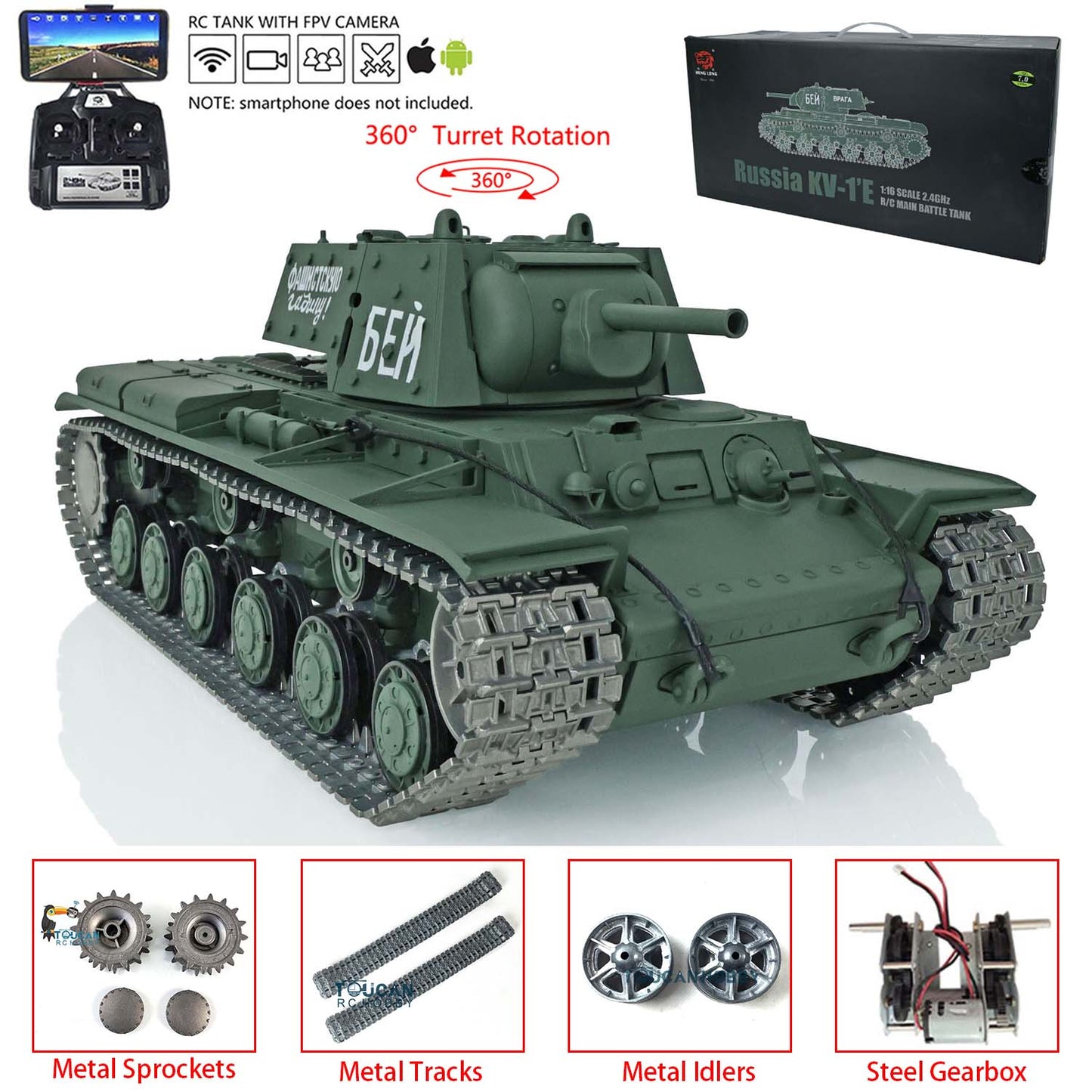 Henglong 1/16 TK7.0 3878 Upgraded Remote Control Tank RTR RC Tank w/ FPV Smoking 360 Degrees Rotating Turret Metal Idler Sprocket