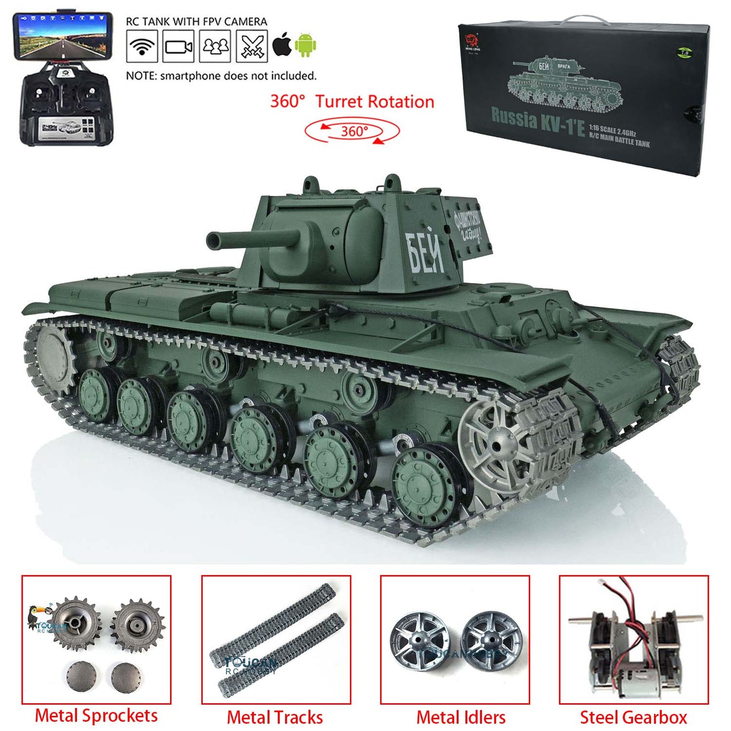 Henglong 1/16 TK7.0 3878 Upgraded Remote Control Tank RTR RC Tank w/ FPV Smoking 360 Degrees Rotating Turret Metal Idler Sprocket