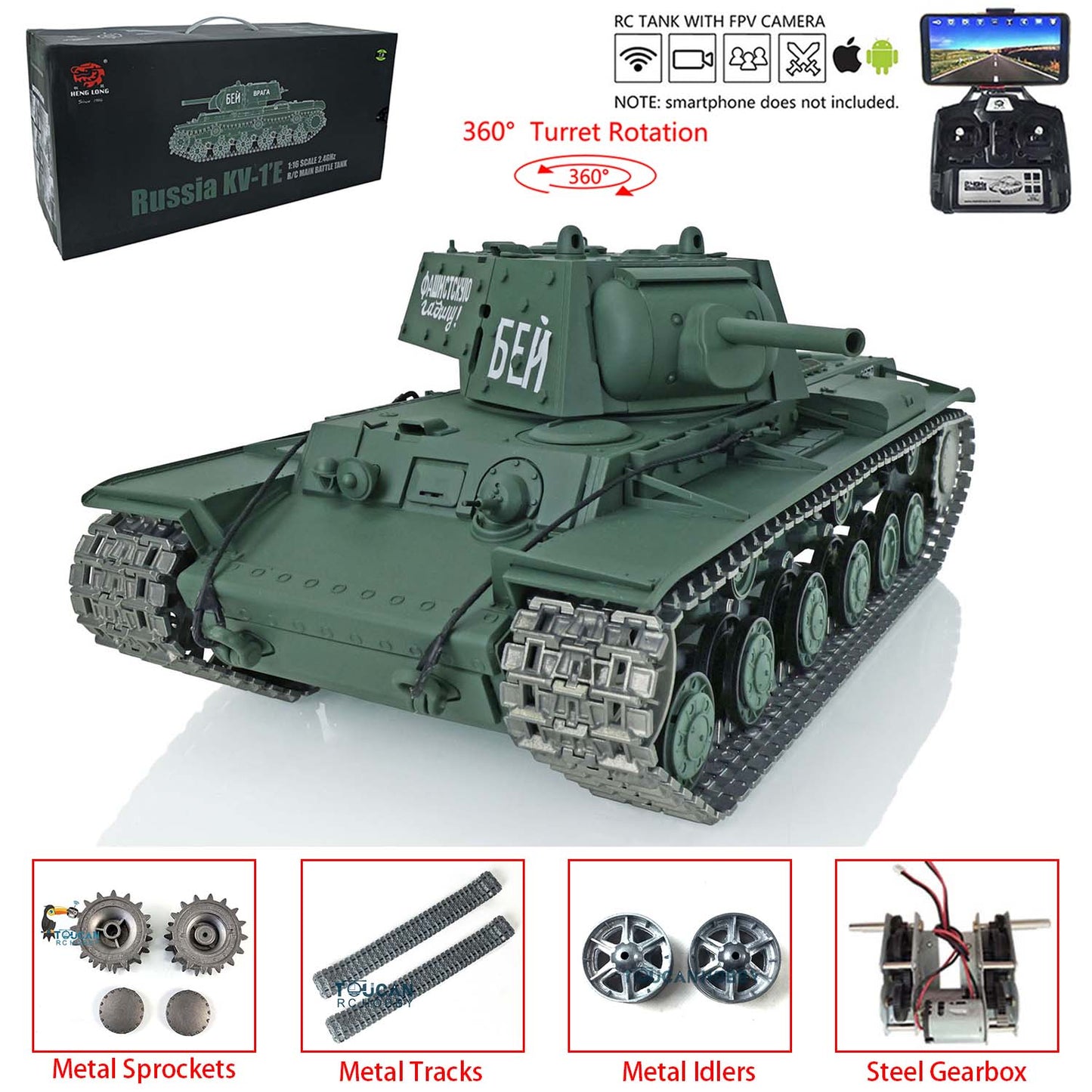 Henglong 1/16 TK7.0 3878 Upgraded Remote Control Tank RTR RC Tank w/ FPV Smoking 360 Degrees Rotating Turret Metal Idler Sprocket