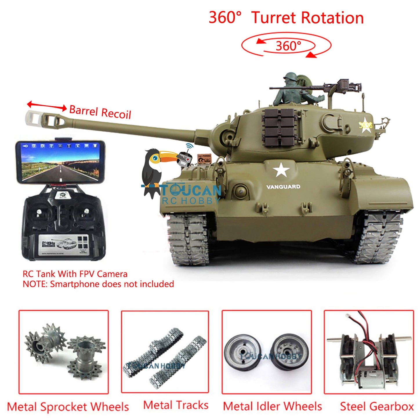 Henglong 1/16 Radio Control Tank Model 3838 M26 Pershing w/ FPV 360 Degrees Rotating Turret Metal Road Wheels Drive Gearbox