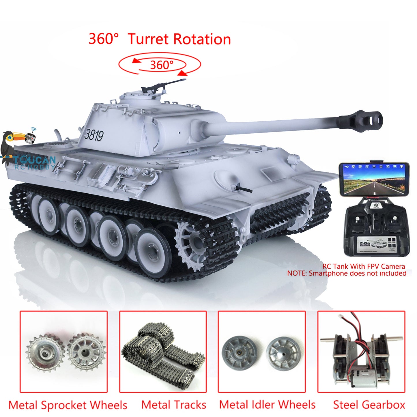 Henglong 1/16 TK7.0 Upgraded German Panther RTR RC Tank Model 3819 w/ FPV 360 Degrees Rotating Turret Metal Tracks Engine Sound