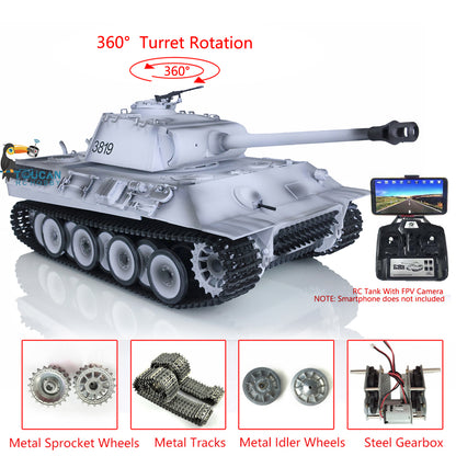 Henglong 1/16 TK7.0 Upgraded German Panther RTR RC Tank Model 3819 w/ FPV 360 Degrees Rotating Turret Metal Tracks Engine Sound