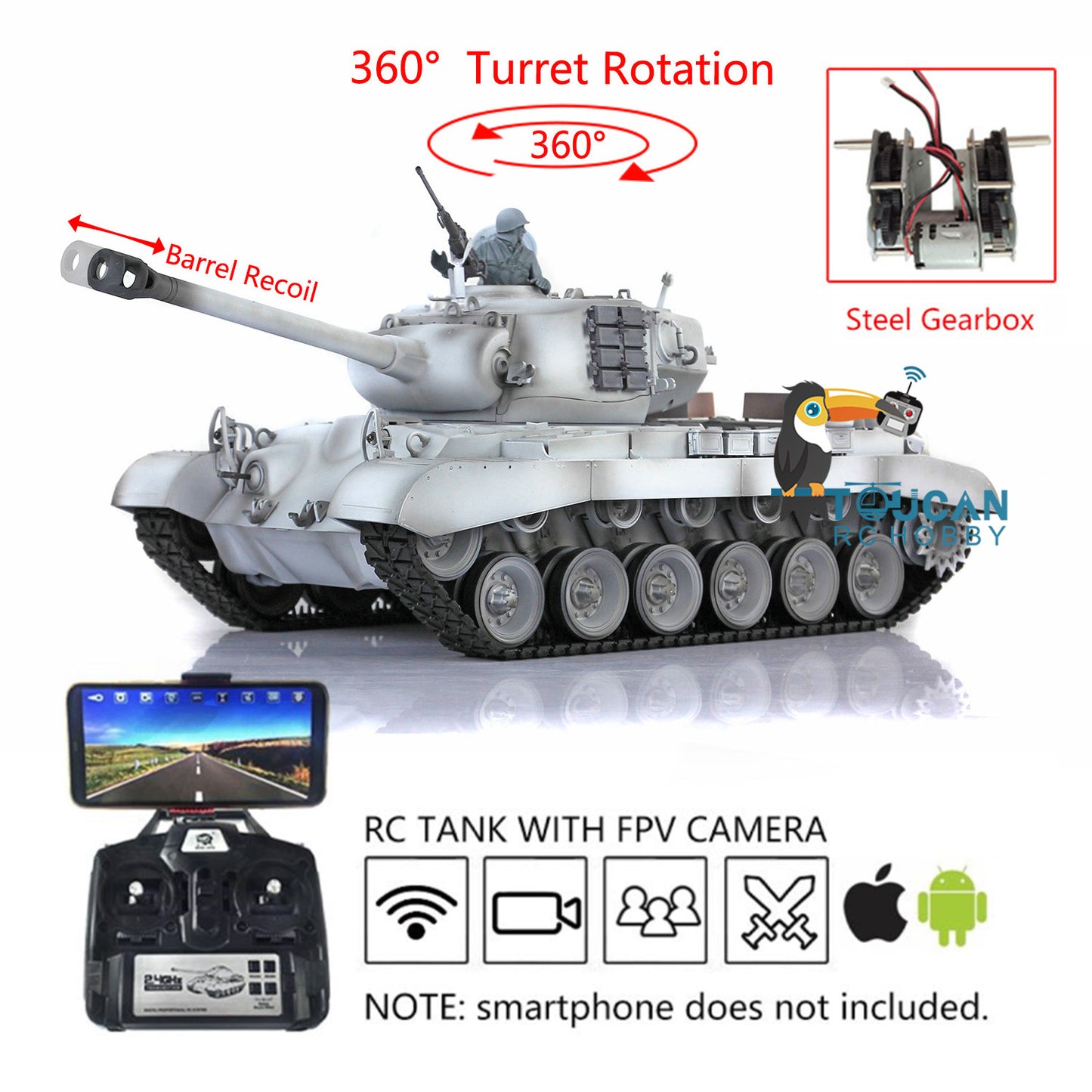 Henglong 1/16 Plastic RC Tank Model 7.0 USA M26 Pershing 3838 w/ 360 Degrees Rotating Turret Steel Gearbox Barrel Recoil FPV w/ Holder