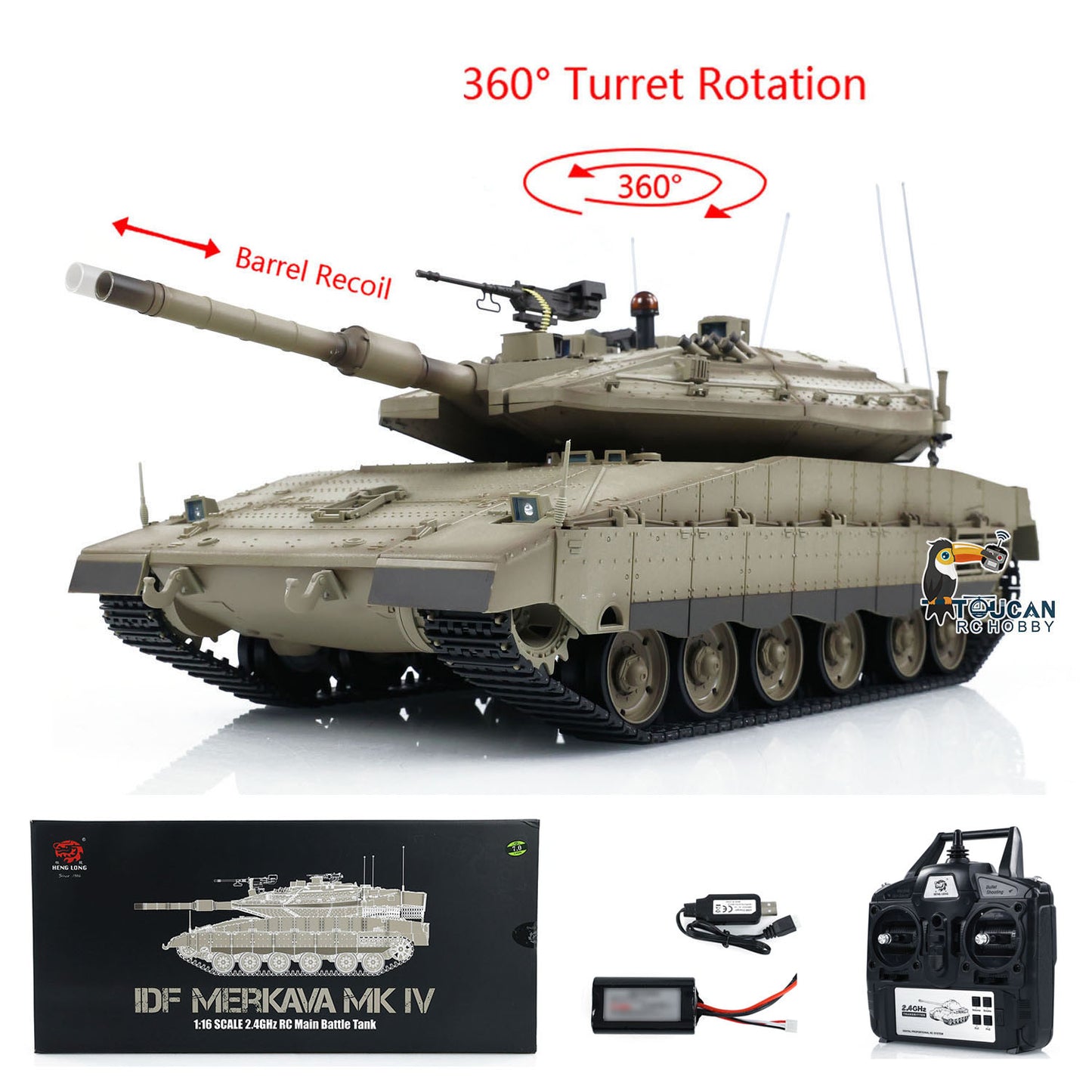 Heng Long 1:16 Military RC Battle Tank IDF Merkava MK IV 3958 With Turret 360 Rotating Barrel Recoil BB Shooting Bullets Model